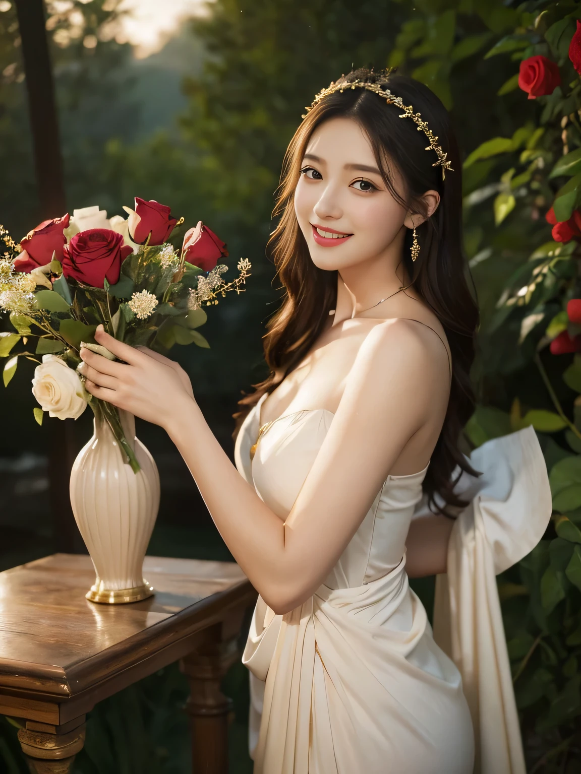 Female singer holding sheet music in both hands,Giorgione painting style,roses in vase、fruits、Cute trinkets、smile、ancient greek costume、Background is a forest lake at night 、Clothes that stretch your shoulders、A big smile、beautiful bare skin,