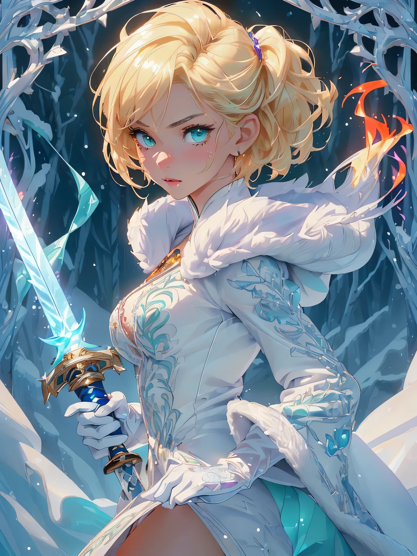 nsfw:1.1, high resolution:1.7, incredibly absurdres, kawaii:1, cute:1.5, hires.fix,anime visual:1,incredibly fine illustration,8k,masterpiece:1.2,best quality, high quality, exquisite, beautiful,insanely detailed, intricate detailed, extremely detailed, Super Definition,ultra high res, Super Resolution, best aesthetic, ultra detailed:1.5,best quality, perfect face, detailed face, masterpiece:1.2, illustration:1.2, 8k cg wallpaper, stunning art,absurdres,octane render,ultra hires,
cute elf,((anime elf with extremely cute and beautiful blond hair)),((((blond hair:1.35,undercut blond hair,short hair)))),(((green_eyes:1.3))),intricate eyes,beautiful detailed eyes,symmetrical eyes,big eyes:1.5,enchanting bright eyes studded with gold and silver dust,(((pinky skin,glowing_skin,lustrous skin:1.5,bright skin: 1.5,skin tanned,shiny skin,very shiny skin,shiny body,plastic glitter skin,exaggerated shiny skin,illuminated skin))),upward breasts,(detailed body,(detailed face)),cute,daring,zettai ryouiki,show skin,best relationship with four fingers and one thumb,((girl trembling with sexual climax))
Break (((aqua fur coat, aqua fur coat outfit, wearing a ice dress:1.3,aqua winter coat))), ((ice dress,elegant ice dress)),(white gloves,white clothes,(((intricate outfit,intricate clothes,embroidered outfit,ornate outfit,embroidered clothes,ornate clothes))),(dynamic pose:1.0),embarrassed,(centered,scale to fit dimensions,Rule of thirds),((snowy pine forest)),winter,scenery:1.25,((intricate scenery)),((snow forest background)),(Glossy winter ornaments),highres,sharp focus,(ultra detailed,extremely detailed),(photorealistic artwork:1.37),(extremely detailed CG unity 8k wallpaper),(((vibrant colors,vibrant theme))),(intricate),full body,(perfect body),ninja, (red fire:1.5), (holding white flame sword:1.5), (holding blue energy sword:1.3), (purple flame katana:1.3), (swing a purple flame sword:1.3),battle,fight,(action pose: 1.4),(vengeful spirit come's attack), (vs vengeful spirit),(p