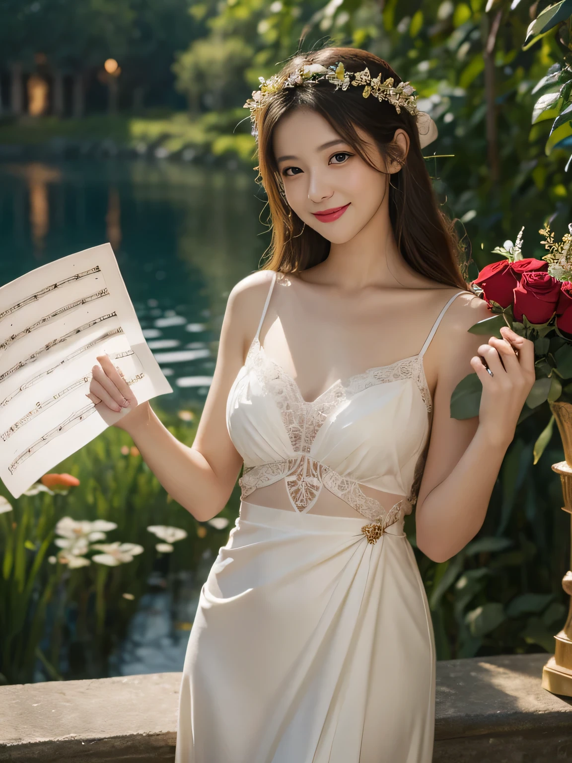 Female singer holding sheet music in both hands,Giorgione painting style,roses in vase、fruits、Cute trinkets、smile、ancient greek costume、Background is a forest lake at night 、Clothes that stretch your shoulders、A big smile、beautiful bare skin,