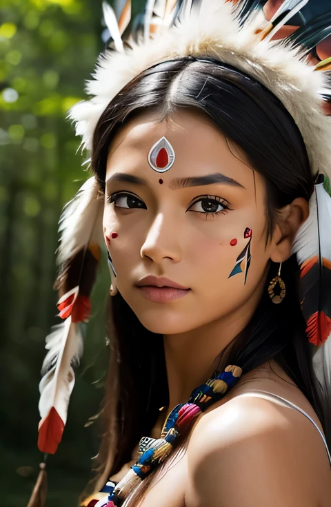 Full length adult Indian woman, feather in hair, traces of paint on the face, Lots of bracelets, geometric patterns, complex knots, High detail, water and forest in the background