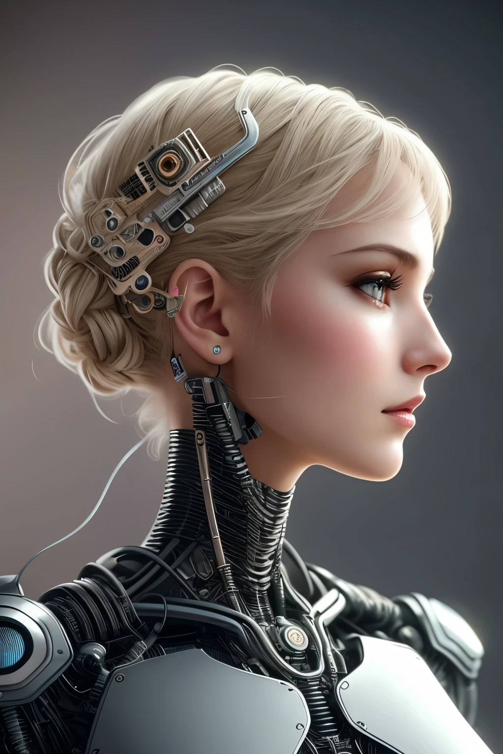 complex 3d render ultra detailed of a beautiful porcelain profile woman android face, cyborg, robotic parts, 150 mm, beautiful studio soft light, rim light, vibrant details, luxurious cyberpunk, lace, hyperrealistic, anatomical, facial muscles, cable electric wires, microchip, elegant, beautiful background, octane render, H. R. Giger style, 8k, best quality, masterpiece, illustration, an extremely delicate and beautiful, extremely detailed ,CG ,unity ,wallpaper, (realistic, photo-realistic:1.37),Amazing, finely detail, masterpiece,best quality,official art, extremely detailed CG unity 8k wallpaper, absurdres, incredibly absurdres,  robot, silver halmet, full body, sitting