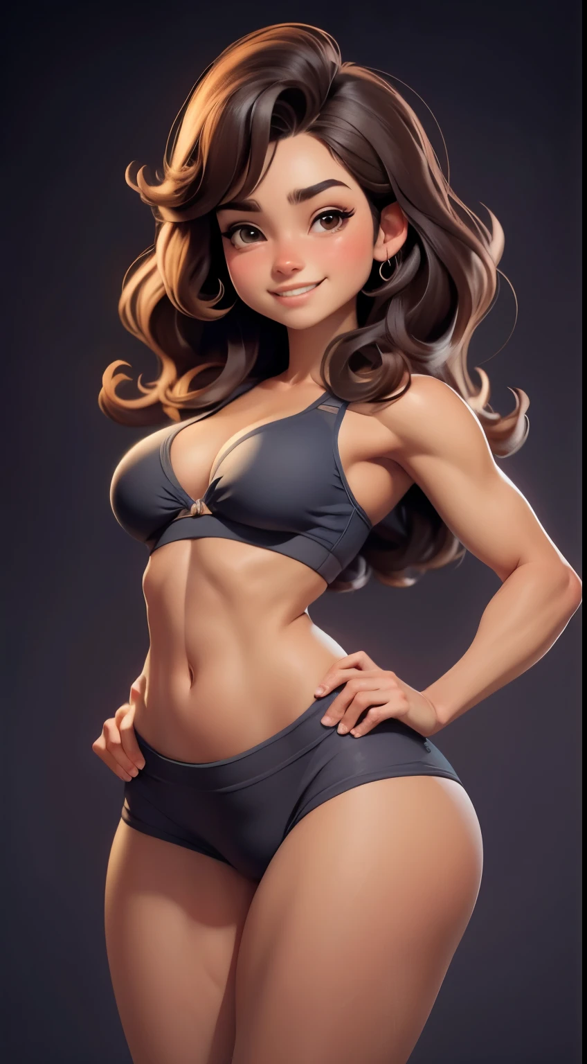 girl,Standard chest，c cup，Wearing only a bra and tight yoga shorts,Expose navel and pubic bone，Camel toes protrude，behind hands，legs open，An expression of gritted teeth，Texture