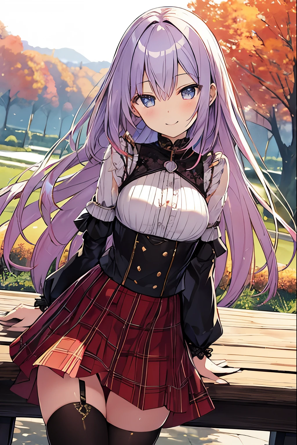 table top, highest quality,figure, wallpaper, Super detailed, absurd beauty, 1 beautiful girl、bright hair color、sparkling big eyes、hair blowing in the wind、plump breasts、♡、small head、autumn landscape、naughty smile