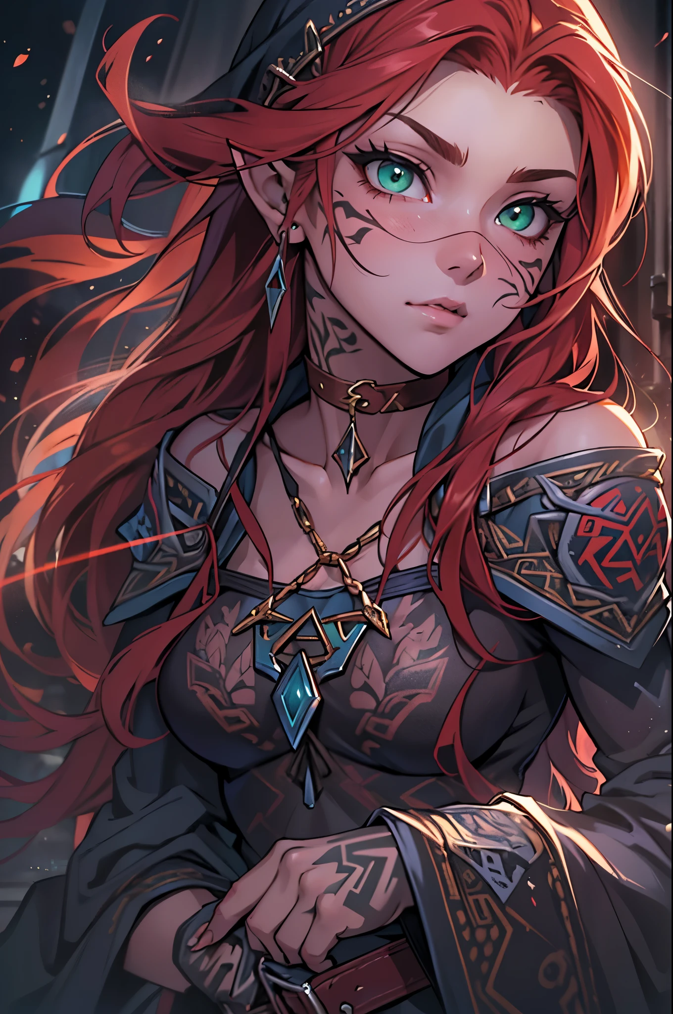 (character, unique person) young woman, (legend of zelda) long red hair, viking, Nordic rune tattoos on face and body, bright green eyes, Witch. amidst the fog, this woman channels a mystical power in the dead of night (Anime), (anime style), (super detailed), (16k), anime