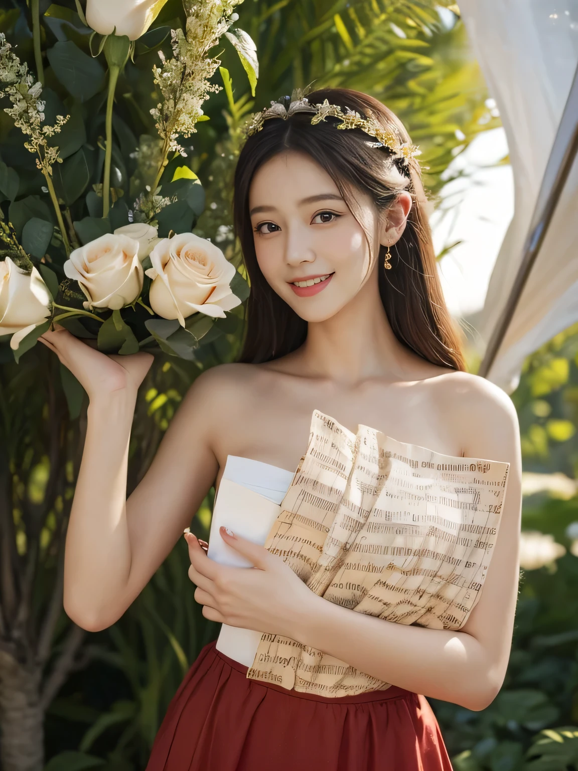 Female singer holding sheet music in both hands,Giorgione painting style,roses in vase、fruits、Cute trinkets、smile、ancient greek costume、Background is a forest lake at night 、Clothes that stretch your shoulders、A big smile、beautiful bare skin,