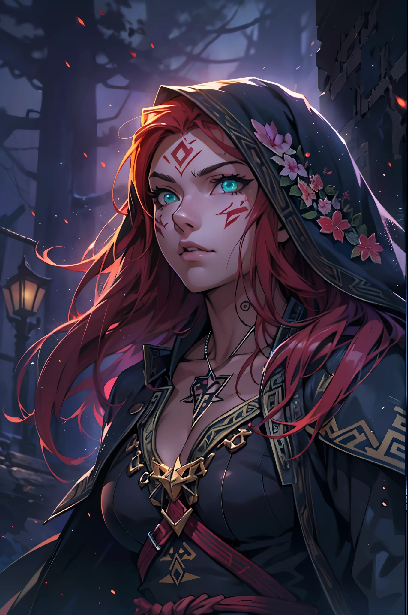 (character, unique person) young woman, (legend of zelda) (((amazing lighting)) ((epic lighting)) ((glowing mystical lights)),long red hair, viking, Nordic rune tattoos on face and body, bright green eyes, Witch. amidst the fog, foggy, this woman channels a mystical power in the dead of night (Anime), (anime style), (super detailed), (16k), anime