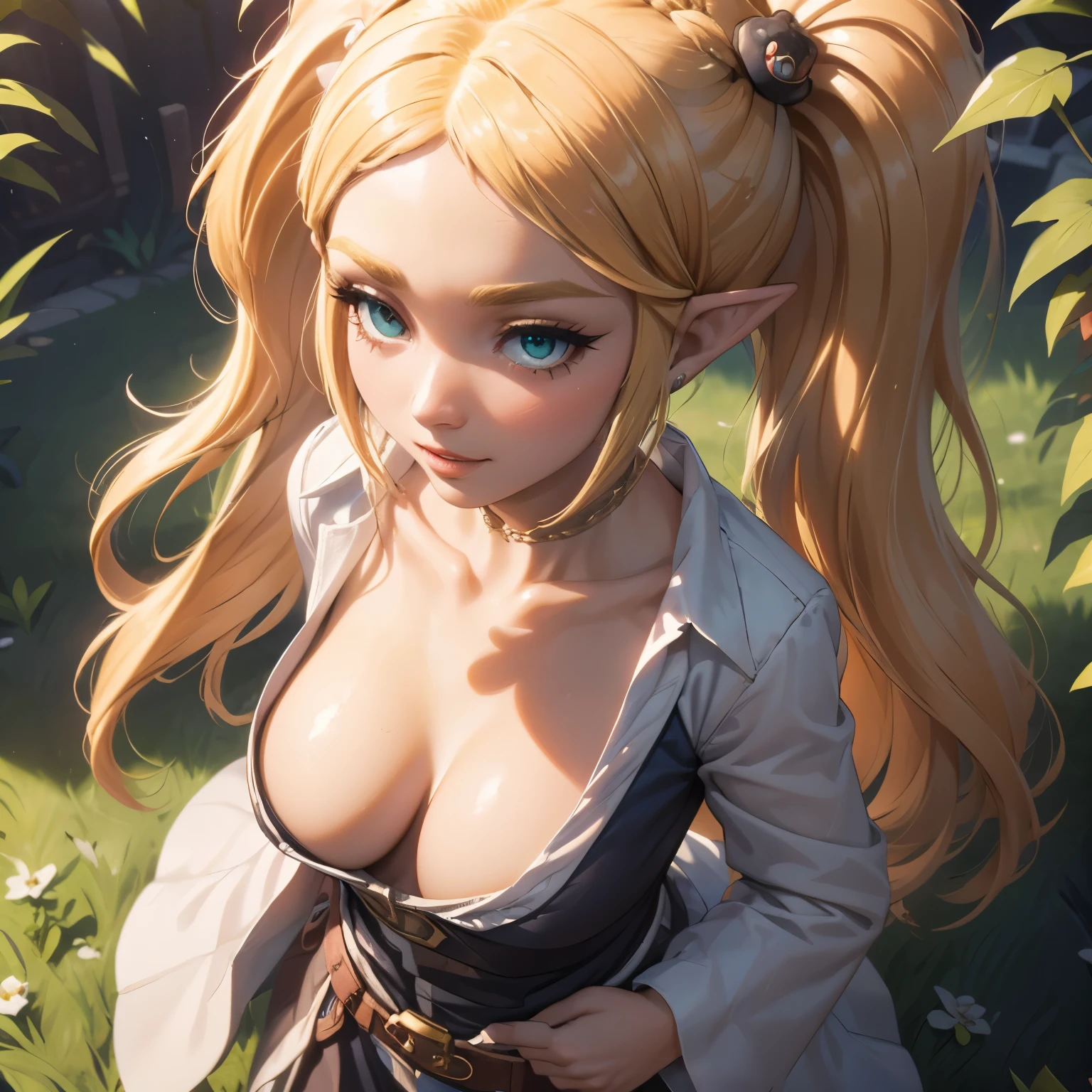 A Mature Woman with long hair in blue and beige clothing holding a modeling pose, warrior, Zelda, full body Portrait of Zelda, Zelda legend, Photos cosplay, Ornate Cosplay, Professional Cosplay, Cosplay, Full Cosplay, Artgerm Moody Photography, Princess Zelda, Zelda as Triforce, Hyrule, Anime Garota Cosplay, ray-traced, 3d-render, extremely detailed, high quality, realistic light and shadow, hair loiros, eye reflection, slight smile, (Ultra Quality,Unparalleled Masterpiece:1.4)Overwhelmingly Pixel-Perfect,Ultra-Detailed CG 4K,(Ultra-Detailed Clear Absurdly-Vivid Jade Big Eyes:1.2),Gorgeous Round Detailed Face(Voluptuous:1.4)Elf(big Breasts:1.8)(Voluminous Long Blonde Hair: 1.4),ADULT(Bangs, Sidelocks:1.2)Seductive(intricately detailed white dress:1.3)(Zelda)(Celestine Lucullus: 1.2)(Solo:1.4)(1Girl: 0.5)(Facing Viewer:1.2)(arms behind back:1.2)(Cowboy Shot:1.2)(from above:1.1),Skindentation(Curvaceous:1.4)(Curvy:1.4)(Bimbo: 1.4)(Normal Waist: 1.2)(Thick Lips: 1.3)small-nose(light smile: 1.2)Rocks,Trees, Plants,Bush,Color Graded