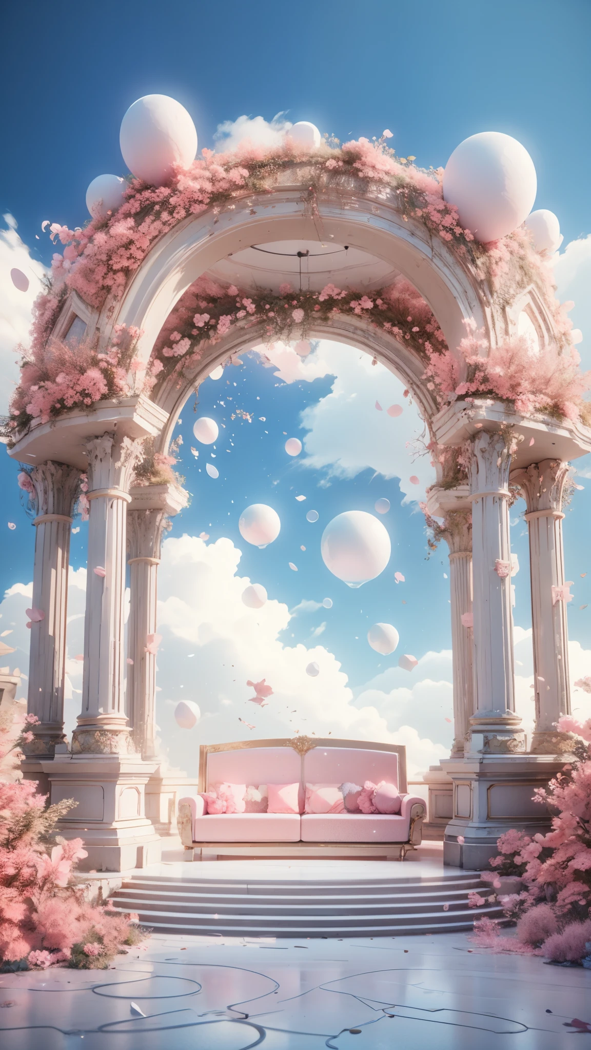 A room with a pink sofa and a sofa, Fantastic atmosphere and drama, Beautiful fairy tale rendering, Hyperrealistic 3D rendering, Unreal Engine ; romantic theme, Stunning mystery background, Very magical and dreamy, pink arch, Dreamy and detailed, romantic themed, 3D amazing details, Surreal mysterious atmosphere, Gorgeous background, Magical realism style