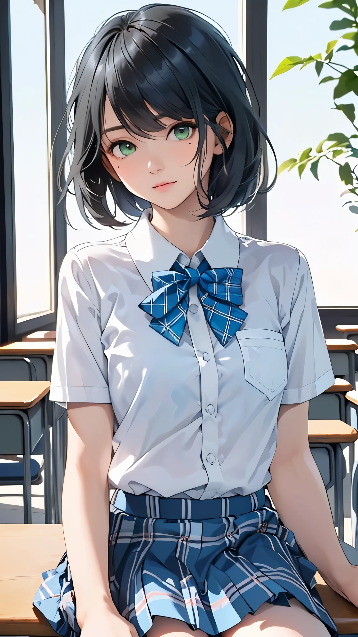 (masterpiece, highest quality), beautiful illustrations, (natural side lighting, movie lighting), 
1girl, tamaki,  green eyes, black hair, bob cut, mole under right eye,
((White shirt with short sleeve collar, school uniform, blue checked pleated skirt, blue plaid bow tie)), 
 morning, ((looking sideways))