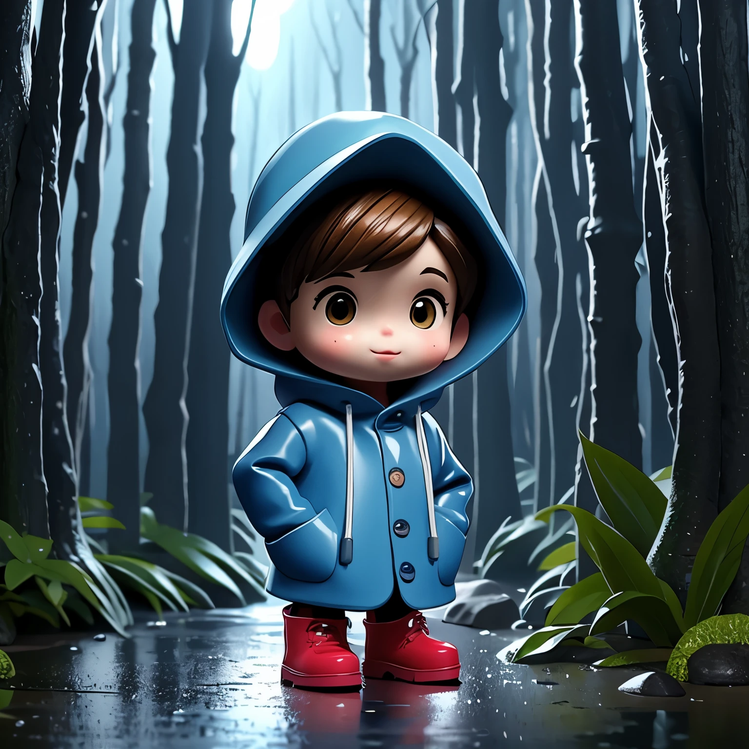 (masterpiece, best quality:1.2),in the forest，rainy day，1 miniature cartoon character, alone， hands in pockets，Wearing hat and raincoat,blue rain boots,  mini，Brilliant lighting，outdoor background，rich colors，