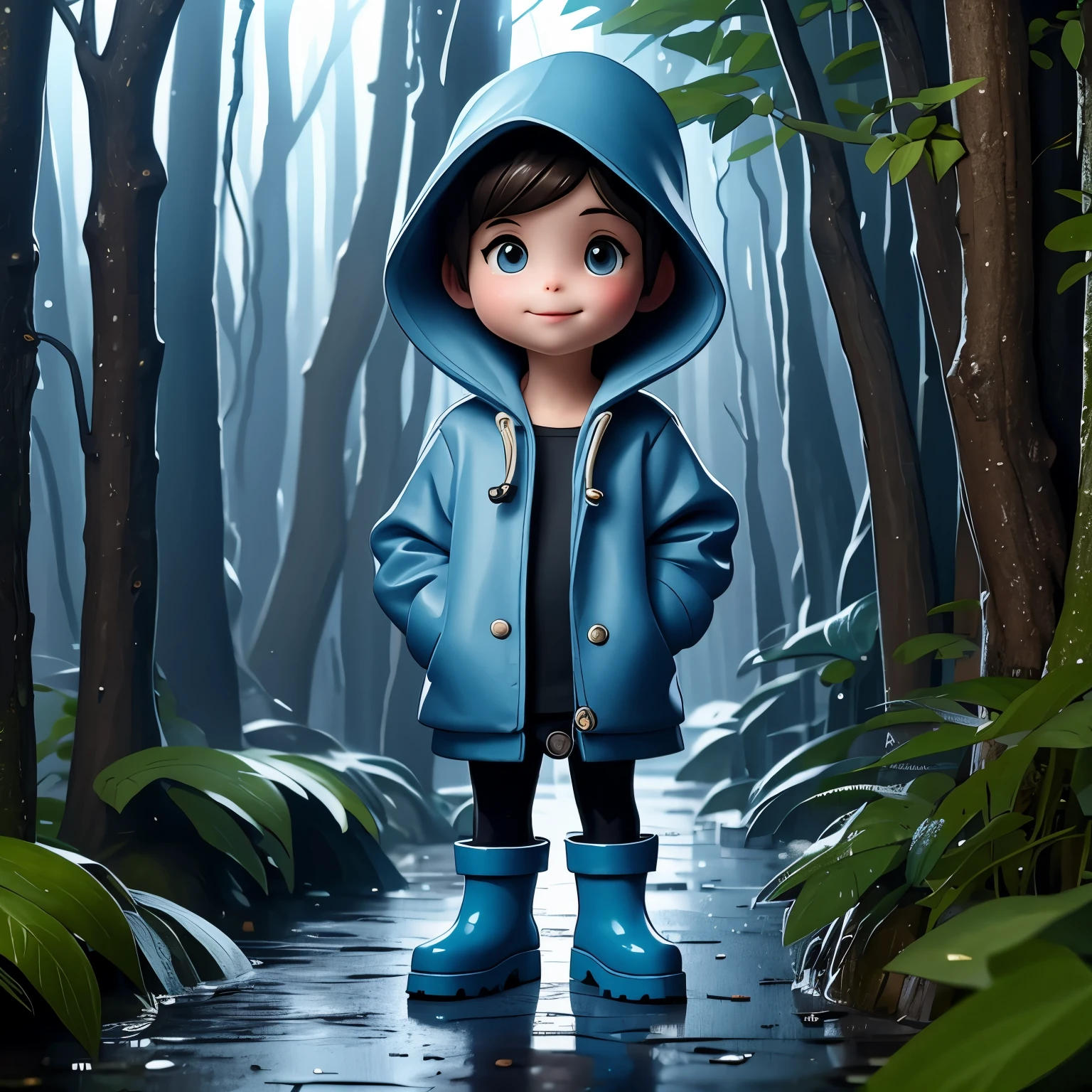 (masterpiece, best quality:1.2),in the forest，rainy day，1 miniature cartoon character, alone， hands in pockets，Wearing hat and raincoat,blue rain boots,  mini，Brilliant lighting，outdoor background，rich colors，