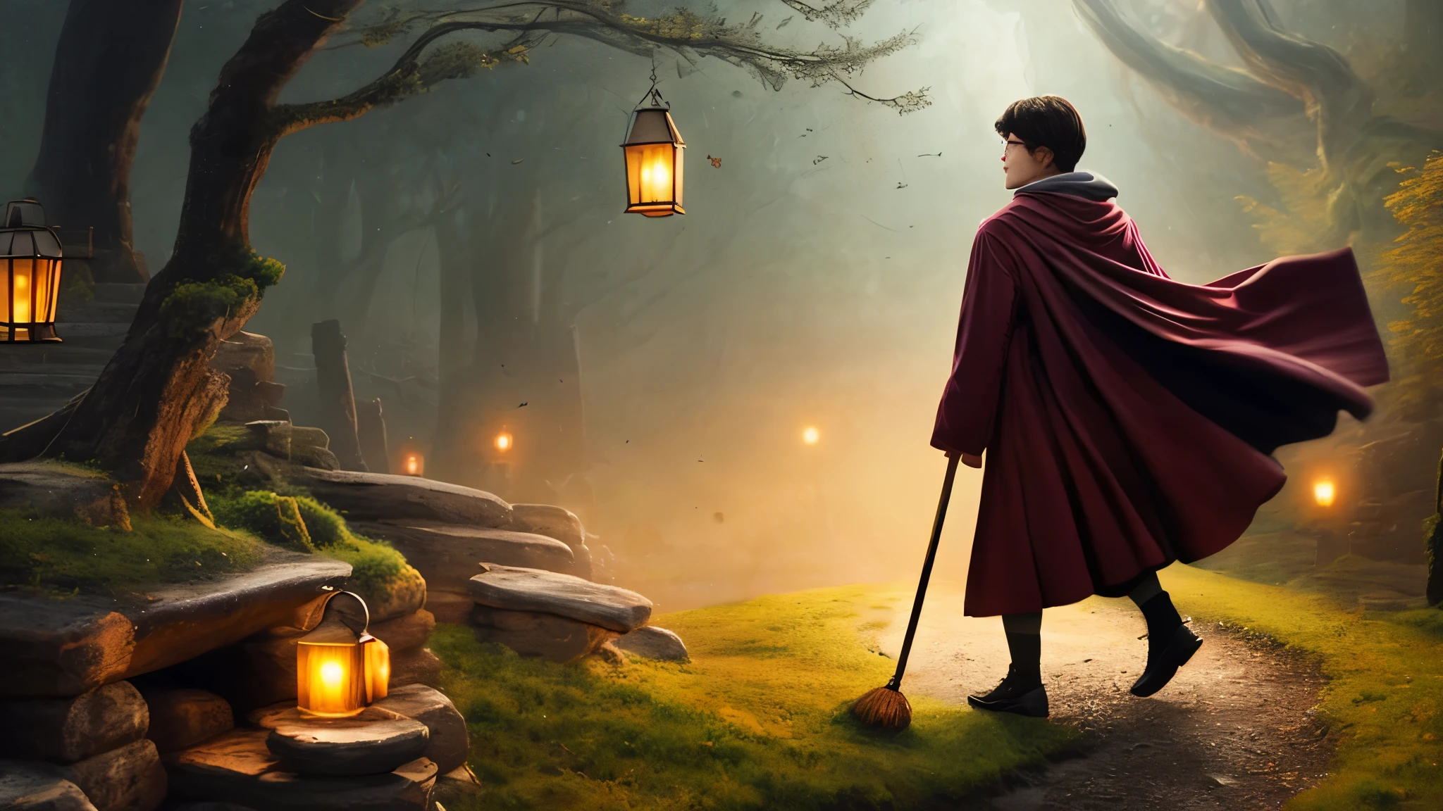 harry potter,long distance,harry delivering food,broomstick,flying delivery service,magical world, enchanted atmosphere, detailed broomstick, detailed robe, detailed wand, magical landscape,low light background,misty atmosphere,dark,moody lighting,pottery style,rich color palette,highly detailed,photorealistic,impressive scenery,heightened detail description,professionally painted,bokeh