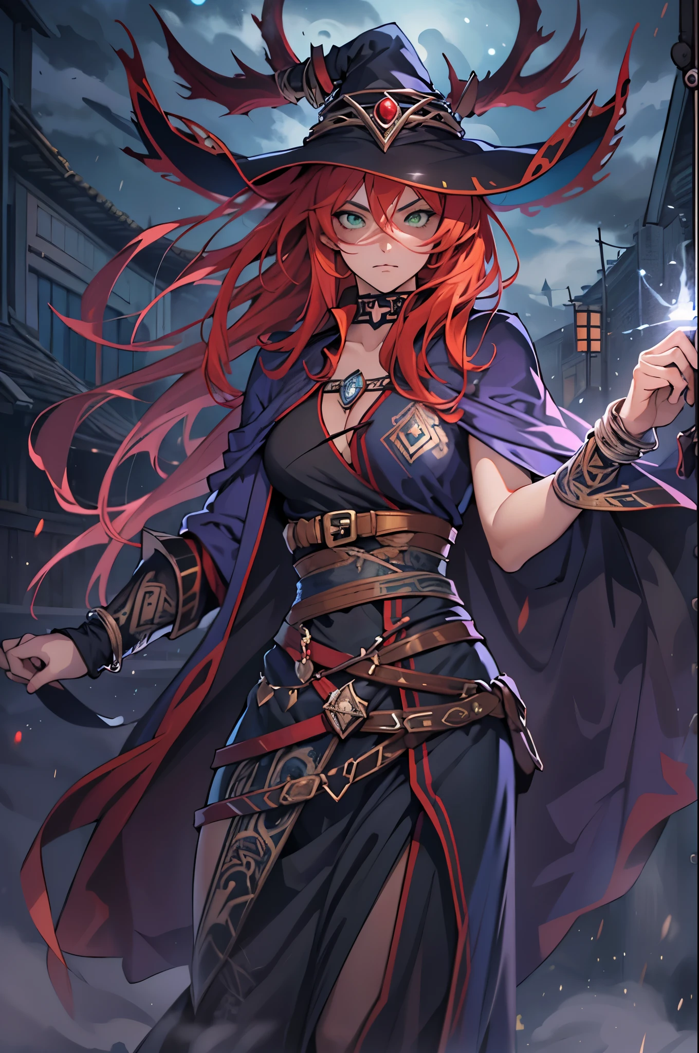 (character, unique person) young woman, long red hair, viking, Nordic rune tattoos on face and body, bright green eyes, Witch. amidst the fog, this woman channels a mystical power in the dead of night (Anime), (anime style), (super detailed), (16k), anime, yu gi oh