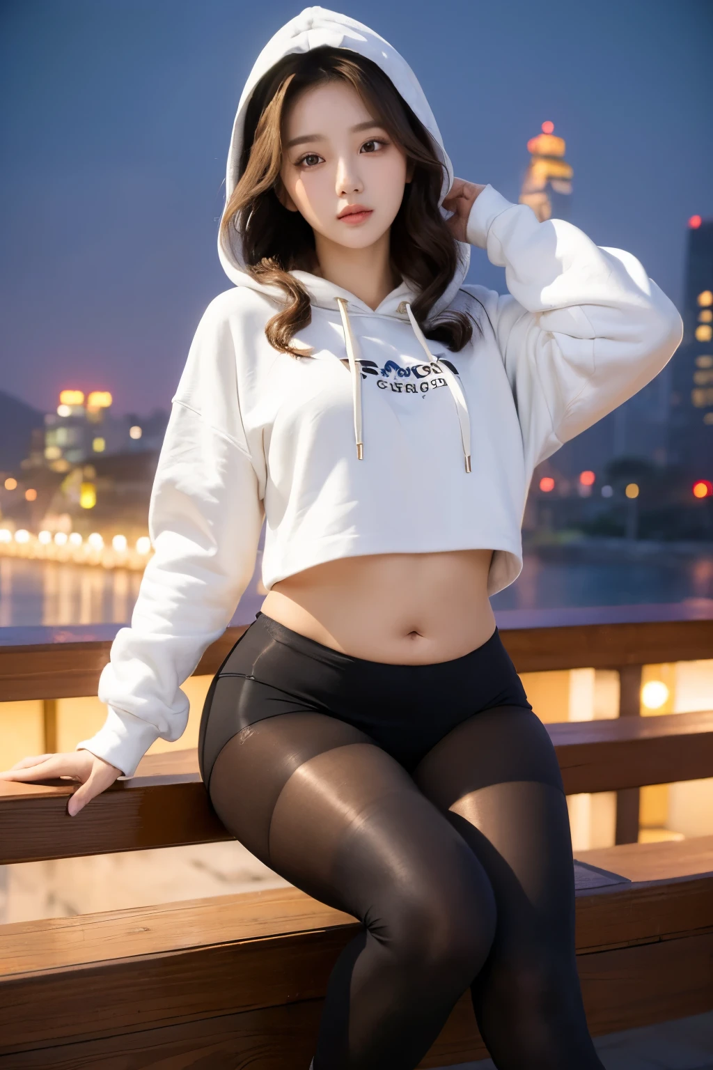 (((masterpiece))),(((high resolution)))、((beautiful woman))、(((Korean beautiful girl)))、(((hoodie)))、((beautiful woman))、(cute)、 ((tights))、night、big breasts、Plump、plump stomach and thighs