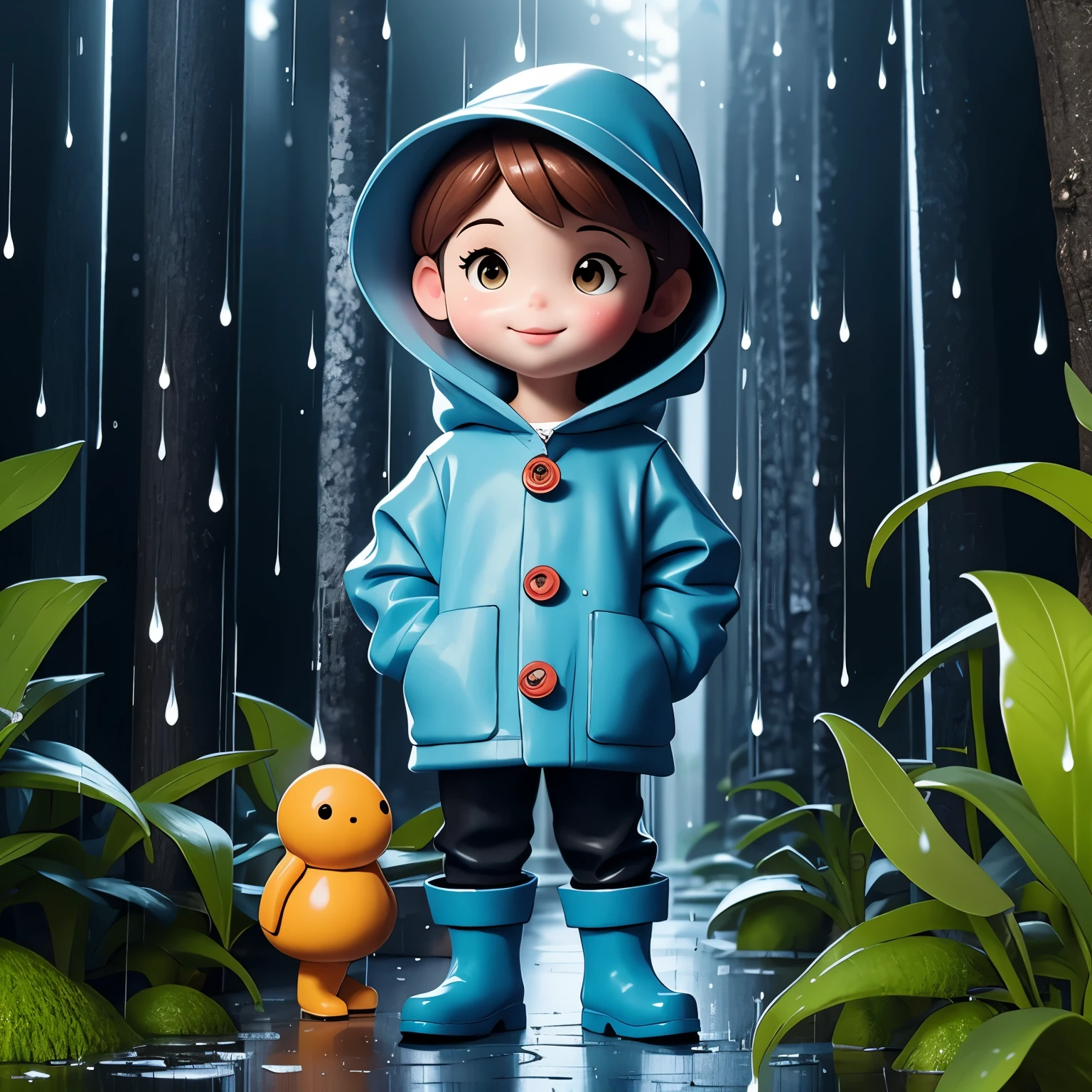 (masterpiece, best quality:1.2),in the forest，rainy day，1 miniature cartoon character, alone，3D dolls，hands in pockets，Wearing hat and raincoat,blue rain boots,  mini，Brilliant lighting，outdoor background，rich colors，