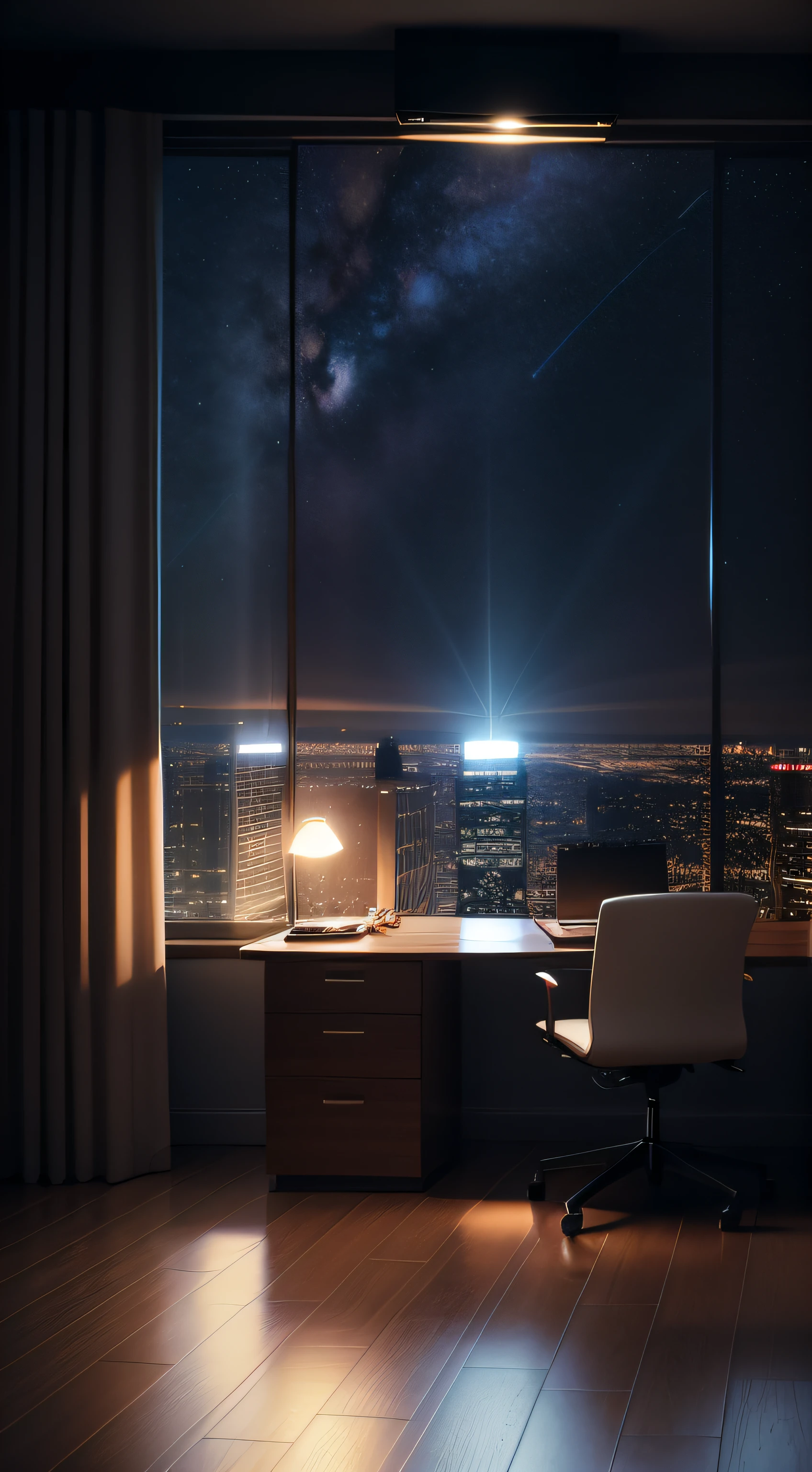 Warm lighting in the room，Huge floor-to-ceiling windows，night，Starry sky，Live shooting，More detailed information，8K,professional lighting