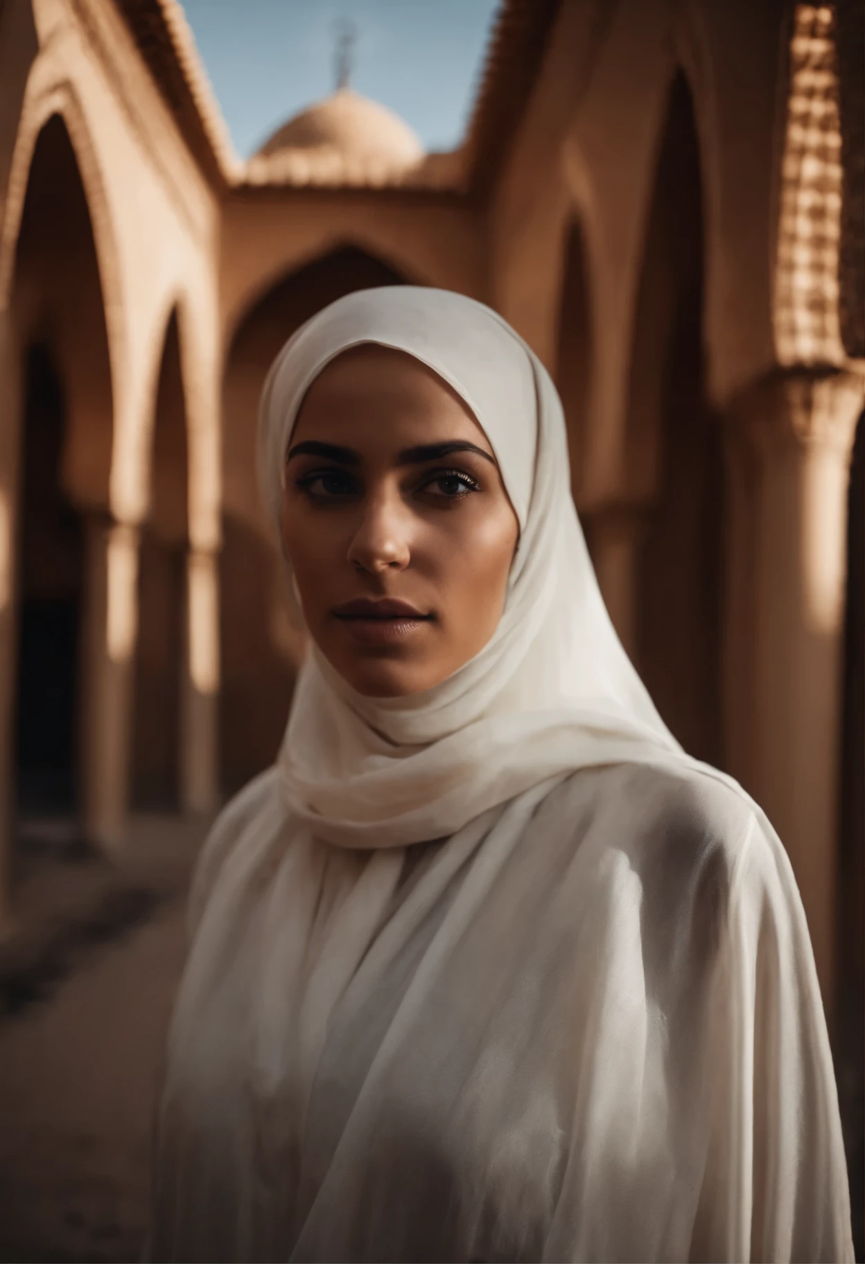 Jeune fille se 26 ans au hijab,peau blanche ,yeux mzron ,siloutte manquin ,posture debout ,porte caftan marocain