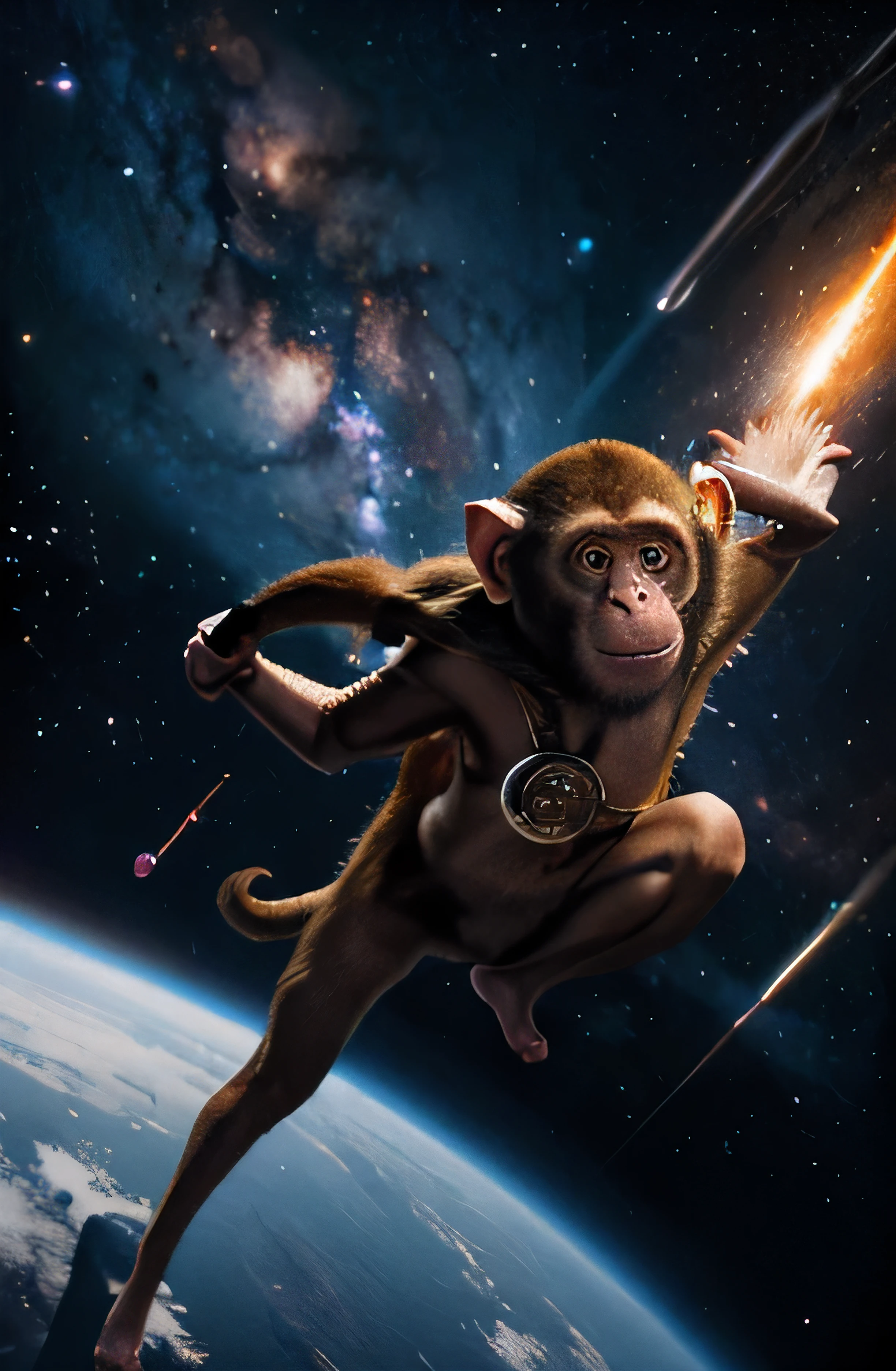 1 Macaco, orelhas de macaco, olhos loucos, planetas, Galaxy, estrelas, space, a photo of anycemar flying in space, olhando para o espectador, detalhado, fume, Foto CRU, melhor qualidade, 4k, obra de arte