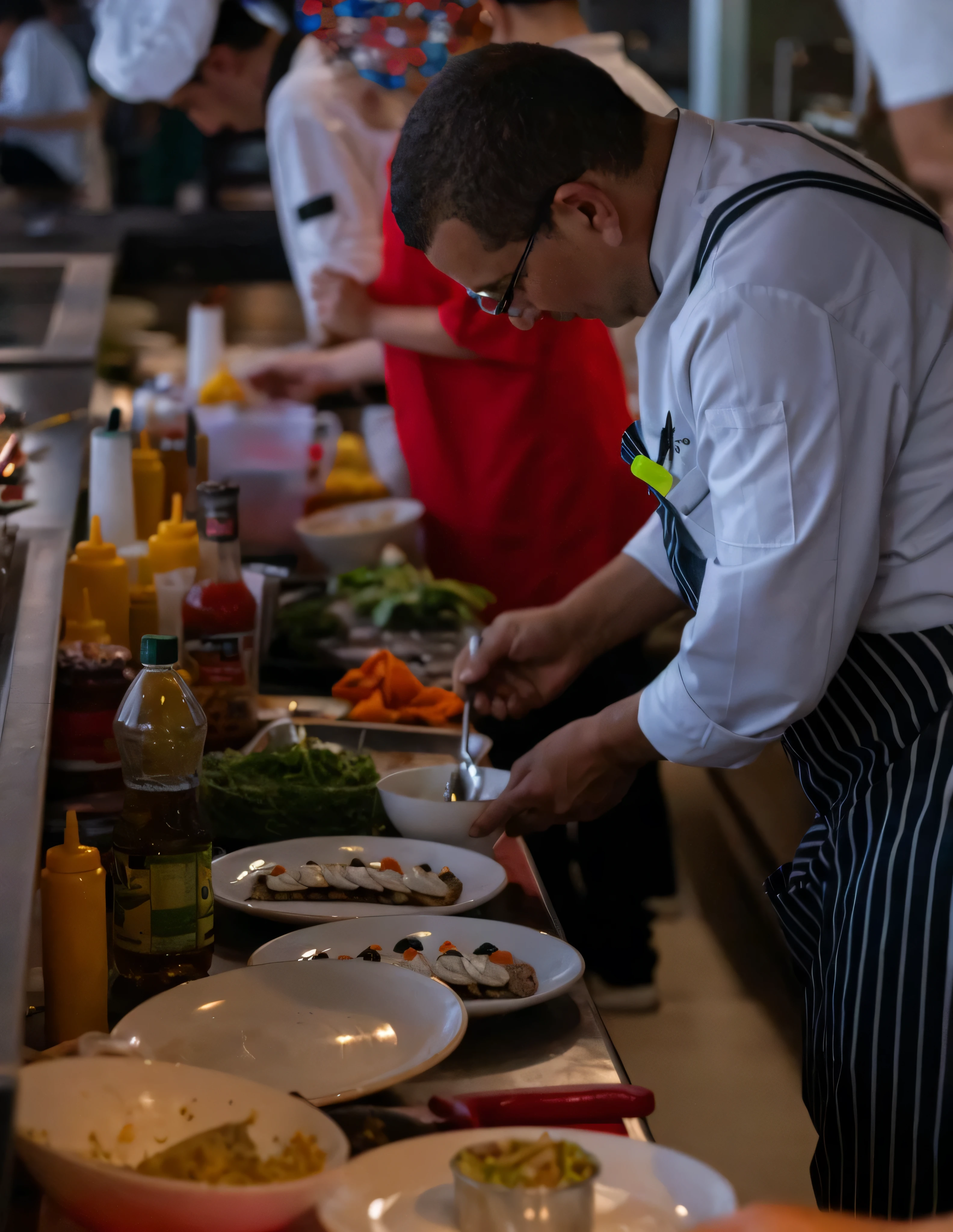chefs preparing food in a restaurant kitchen with people in the background, plating, chef table, chefs table, on a plate in a busy diner, closeup at the food, by Lee Loughridge, by Edward Ben Avram, looking partly to the left, colour corrected, gourmet cooking, by William Berra, by Jay Hambidge, by Steven Belledin