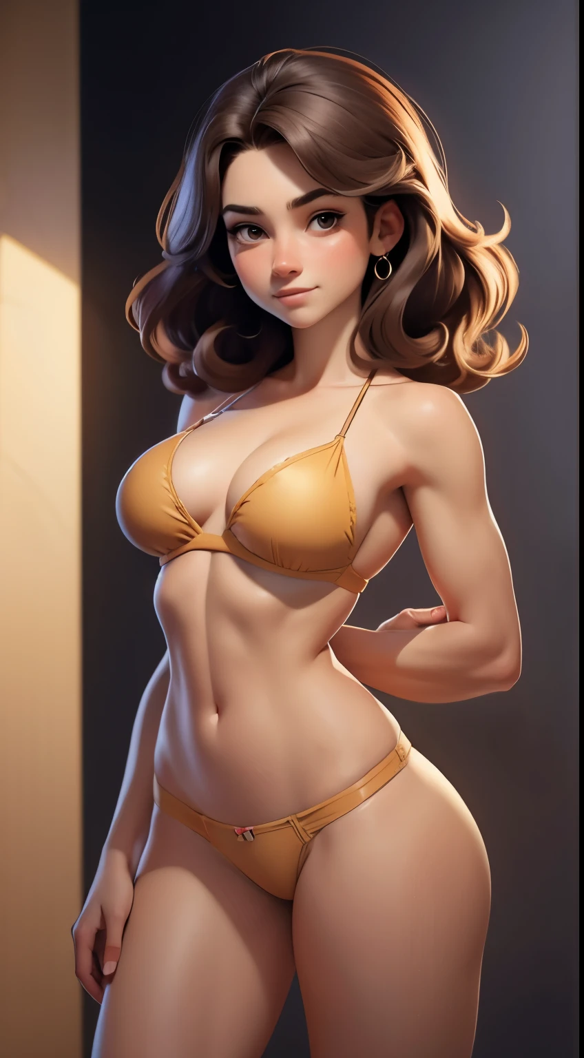 girl,Standard chest，c cup，Wearing only a bra and high-cut swimming trunks,Expose navel and pubic bone，Camel toes protrude，behind hands，legs open，An expression of gritted teeth，Turn your back to the audience，movie texture