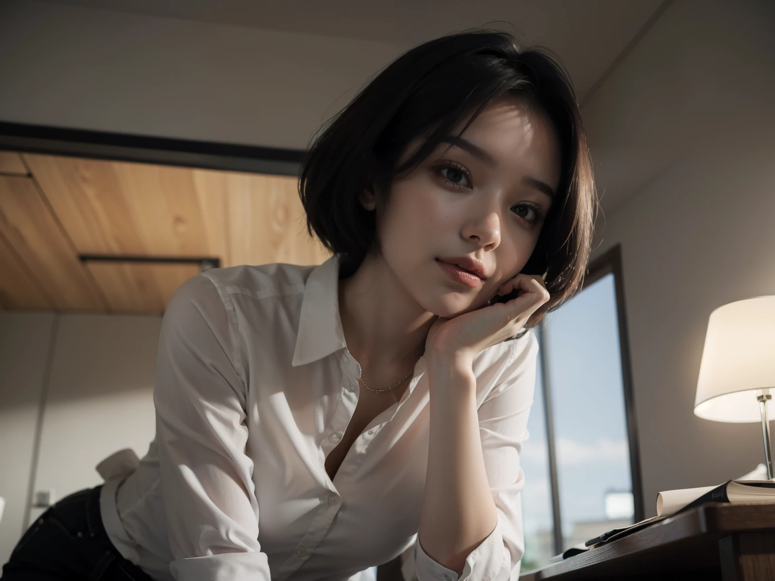 best quality, masterpiece, (photorealistic:1.4), 1girl, light smile, shirt with collars, waist up, dramatic lighting, from below, a pretty girl sitting at a desk, doing her office jobs looking at a tiny man on her desk, there is a 5 centimeter tall men on her desk,

