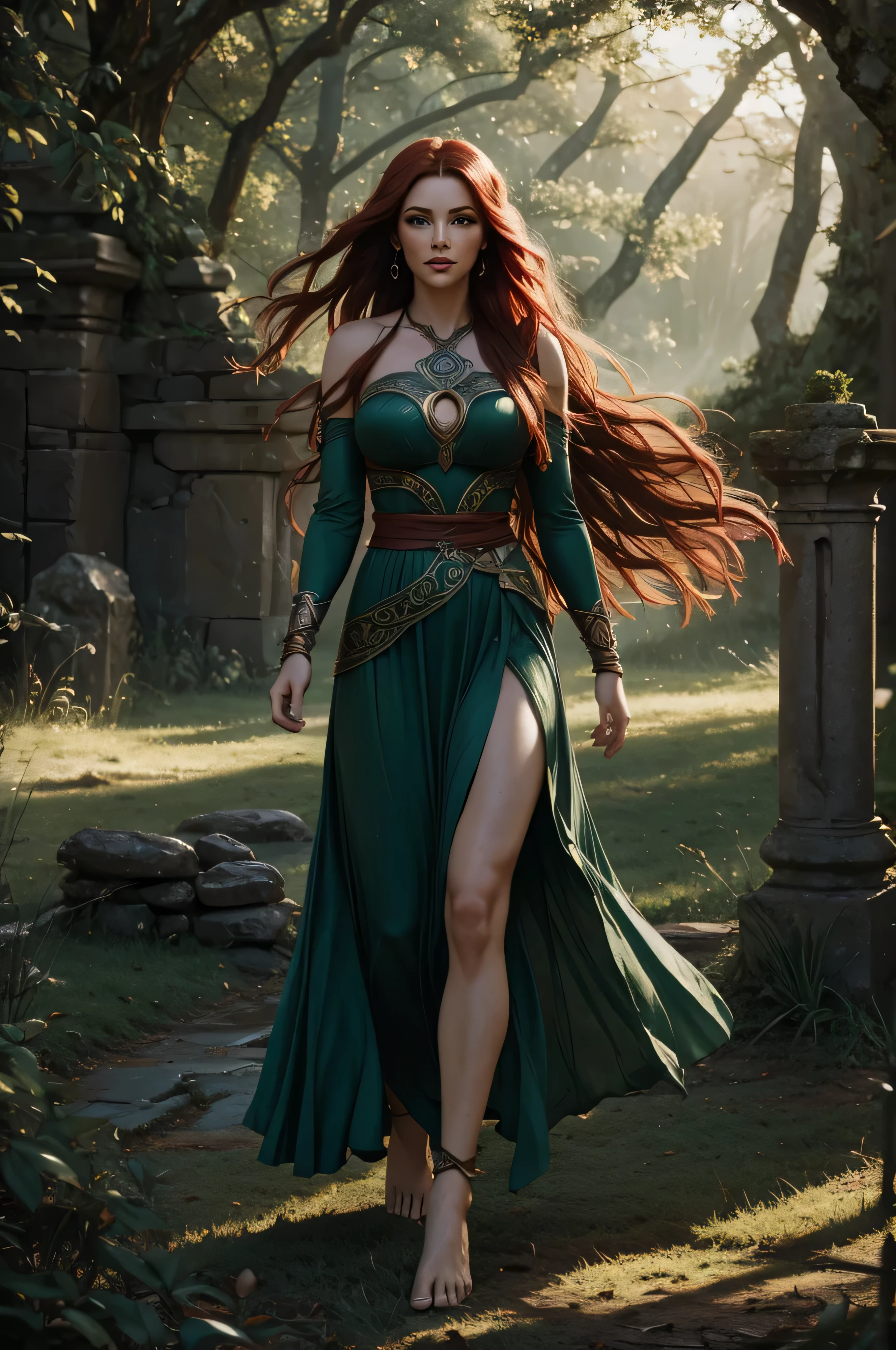 full body Celtic Warrior Woman, Stone Ruins, Tall and Slender, huge ruby green eyes, long wave red hair, red lips, Flowing Dress with Celtic Knot Jewelry, Procreate, Watercolor Technique, Poster Design, barefoot in the grass, 300 DPI, Soft Lighting, Ethereal Art, Mysterious, Serene Expression, Enchanting Atmosphere, bokeh, photo, 8k, dark, dynamic action, pale washed out style, dreamy nostalgic, soft focus, dark vignetting, light leaks, medium photography, gloomy artistic painterly ethereal, whimsical, coarse grain photo