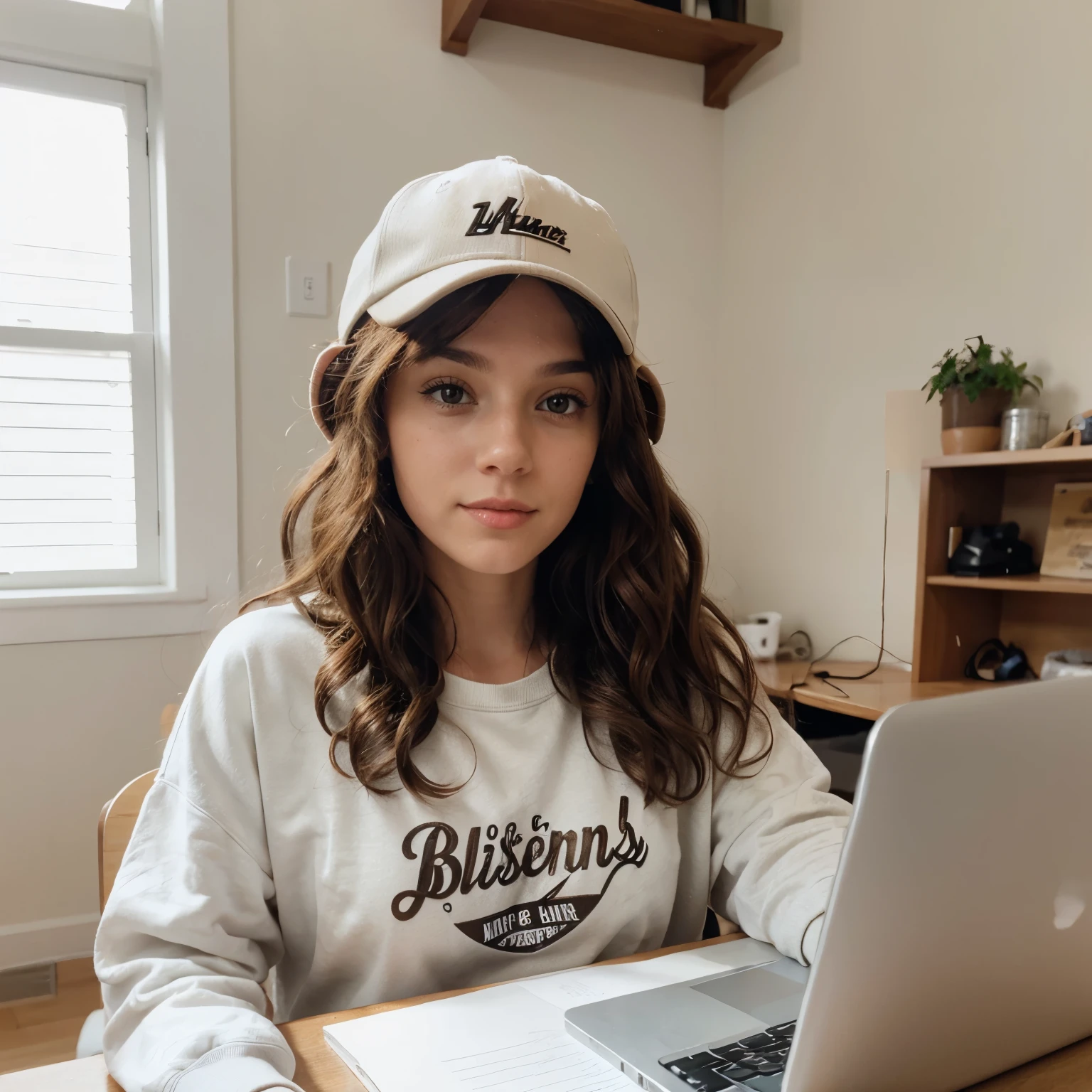 Create an image of a white girl with brown curly hair wearing a cap and sweatshirt working from home