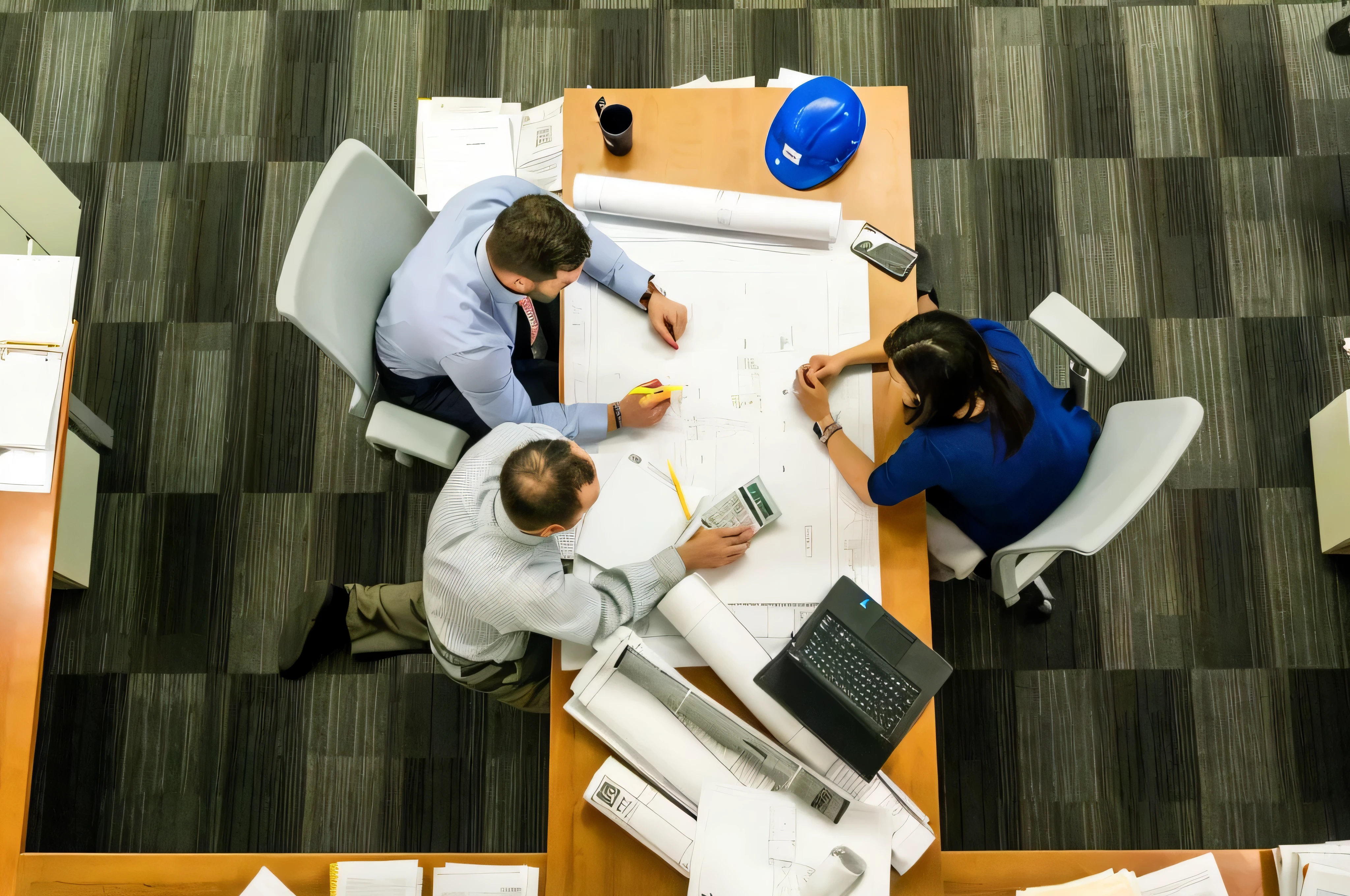 arafed view of a group of people sitting at a table with papers and laptops, people at work, architectural planning, working in an office, photo taken in 2018, photo taken from above, architecture blueprint copy, engineering blueprints, blue print, architectural plans, engineering, group sit at table, marketing photo, an architectural, working hard