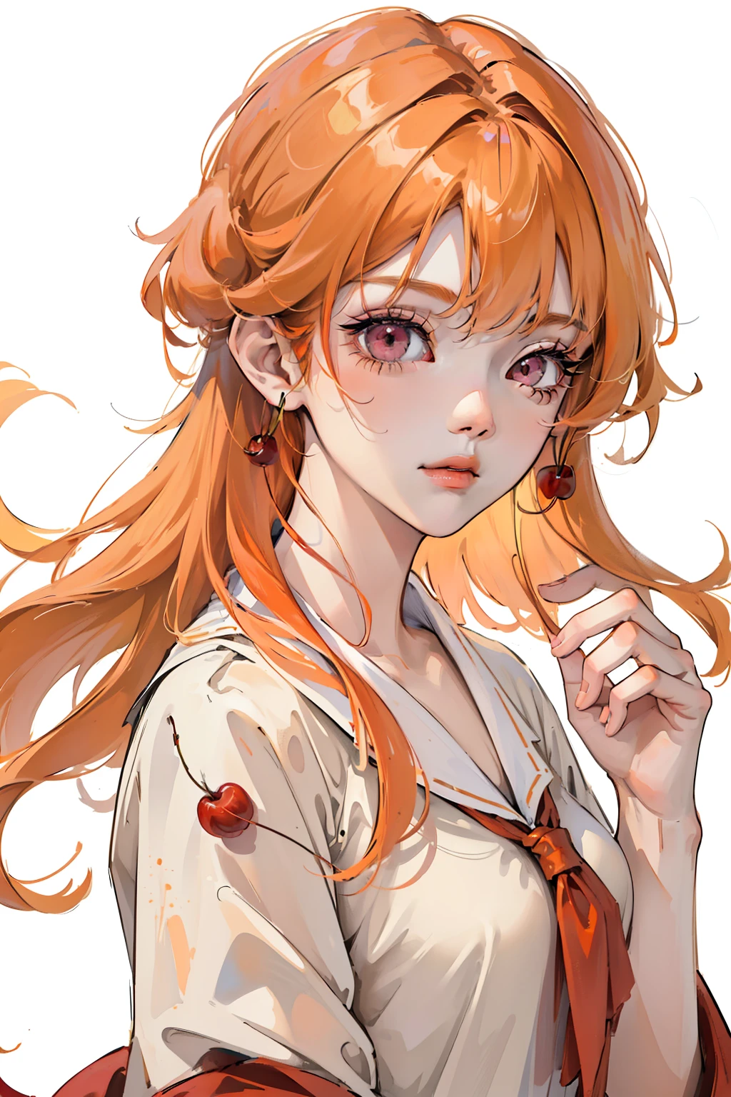 (8K wallpaper unified with Super fine CG, masterpiece, highest quality, Super fine), (best lighting, best shadow, very delicate and beautiful), (eye level: 1.4), the 90s. Cartoon-like, watercolor. shoot from the front. foot pose. white background, long shot, whole body. (orange hair,
blonde dip dye hair: 1.4), One-sided up hair, dull bangs hair, droopy eyes, sheはカジュアルな服を着ています. she (cherry pink eyes: 1.4) It's shining. sheは少し幸せそうだ.