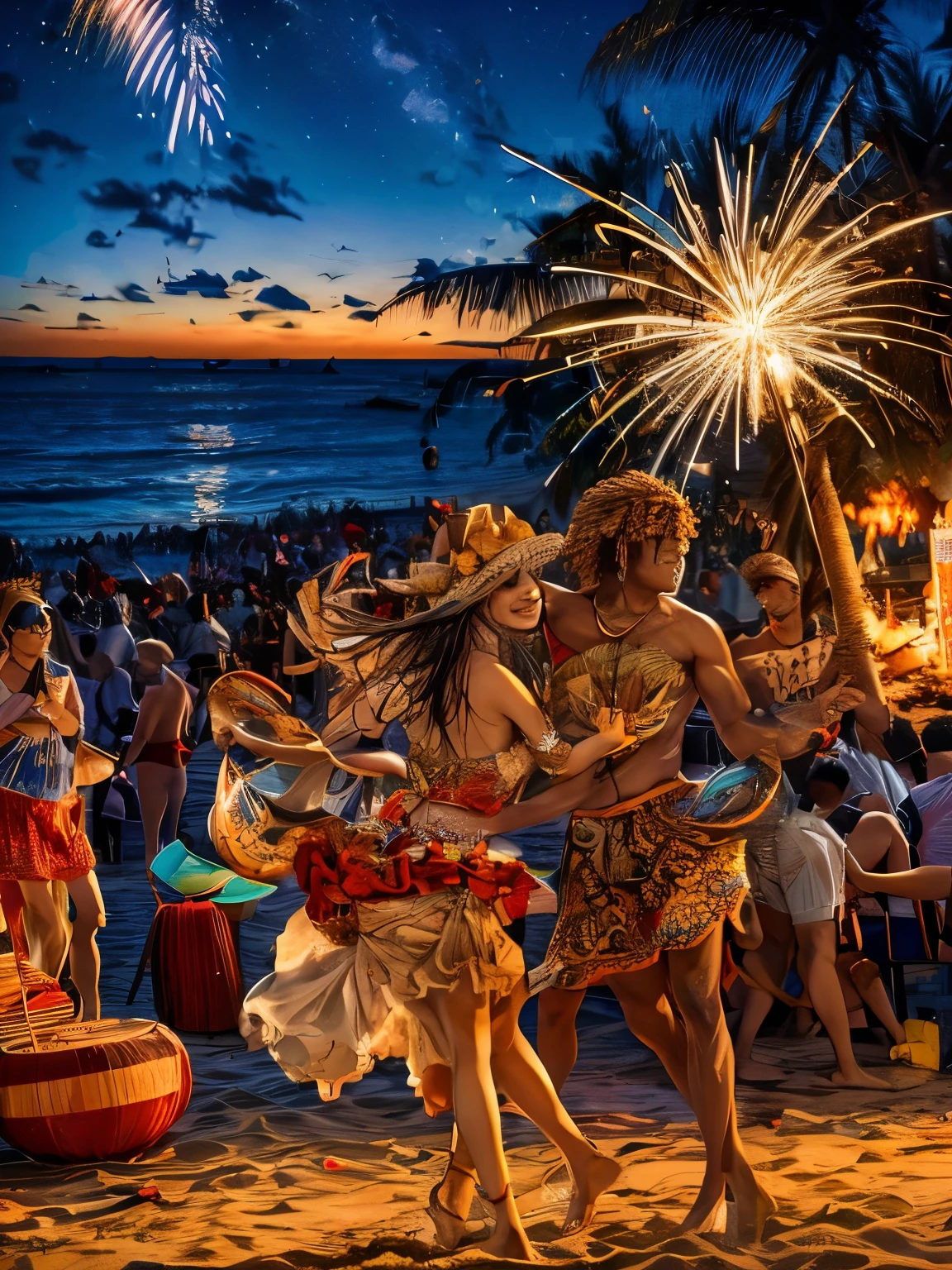 (best quality,Super detailed,high resolution:1.2),Evening professional beach ,Beautifully detailed bonfire, Vibrant carnival lights, pulsating colors, sparkling sandy beach, Convivial atmosphere, livelymusic, Energetic dance, Colorful cocktails, glowing lantern, Palm trees swaying in the breeze, Fireworks light up the sky, The moonlight shines on the sea and sparkles, People wearing stylish beachwear, laughter and smiles, A mix of cultures and backgrounds, bustling dance floor，Different dancers, Mesmerizing fire show, Waterfront stage with live music, Excellent food and drinks, Beach volleyball match in progress, Bonfires provide a warm and cozy atmosphere, The sound of the waves crashing, There is excitement in the air, A night full of laughter
