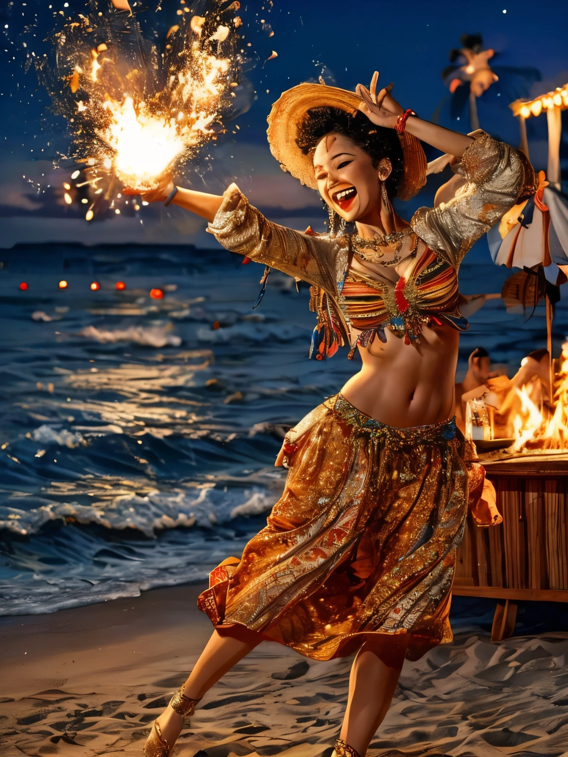 (best quality,Super detailed,high resolution:1.2),Evening professional beach ,Beautifully detailed bonfire, Vibrant carnival lights, pulsating colors, sparkling sandy beach, Convivial atmosphere, livelymusic, Energetic dance, Colorful cocktails, glowing lantern, Palm trees swaying in the breeze, Fireworks light up the sky, The moonlight shines on the sea and sparkles, People wearing stylish beachwear, laughter and smiles, A mix of cultures and backgrounds, bustling dance floor，Different dancers, Mesmerizing fire show, Waterfront stage with live music, Excellent food and drinks, Beach volleyball match in progress, Bonfires provide a warm and cozy atmosphere, The sound of the waves crashing, There is excitement in the air, A night full of laughter
