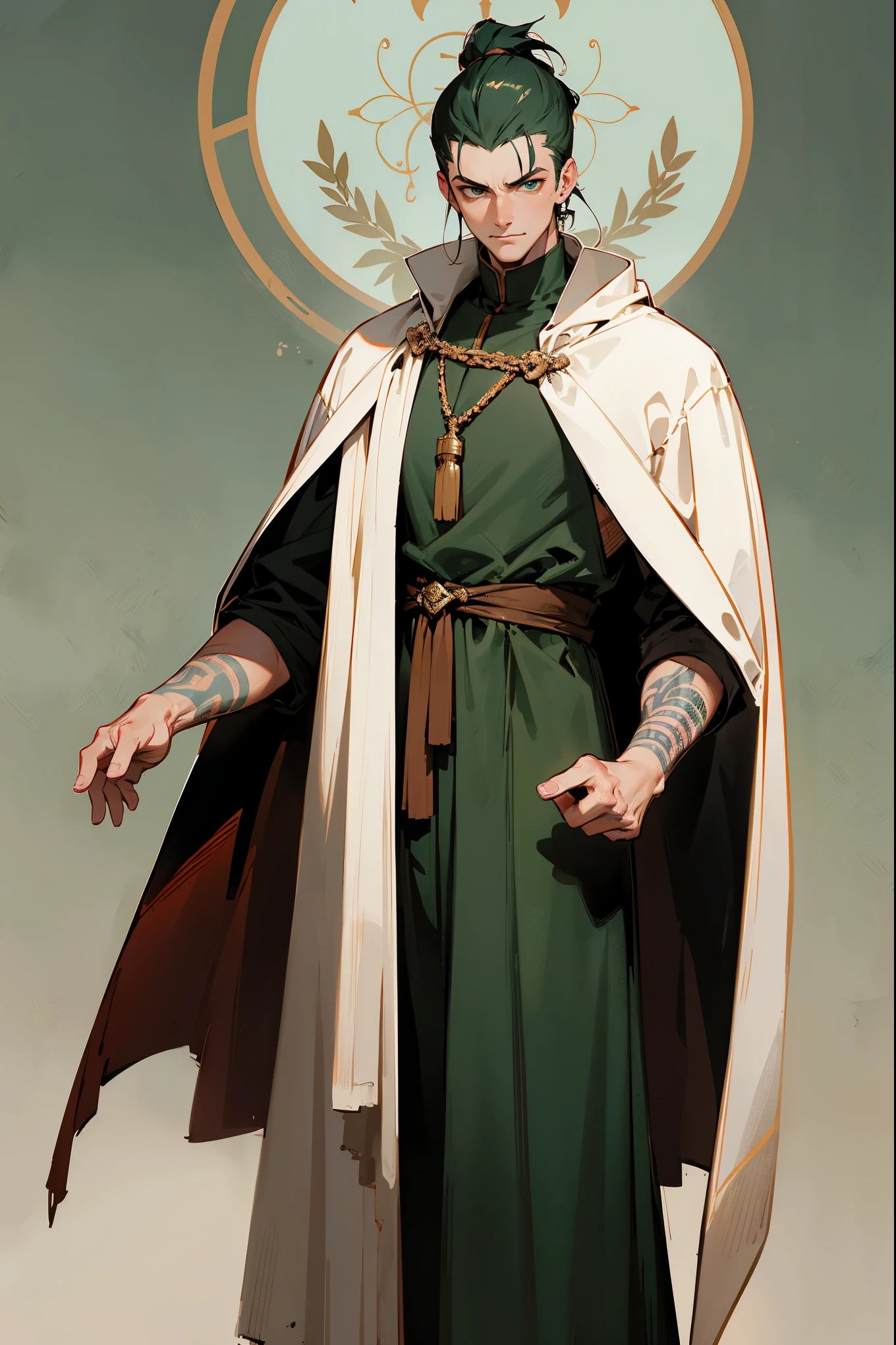 1male, dark green hair, scruffed face, slick back hair, (old medieval clothing), sleeveless clothing, giant white overcoat, tattoos, (guild hall background), detailed background, standing on path
