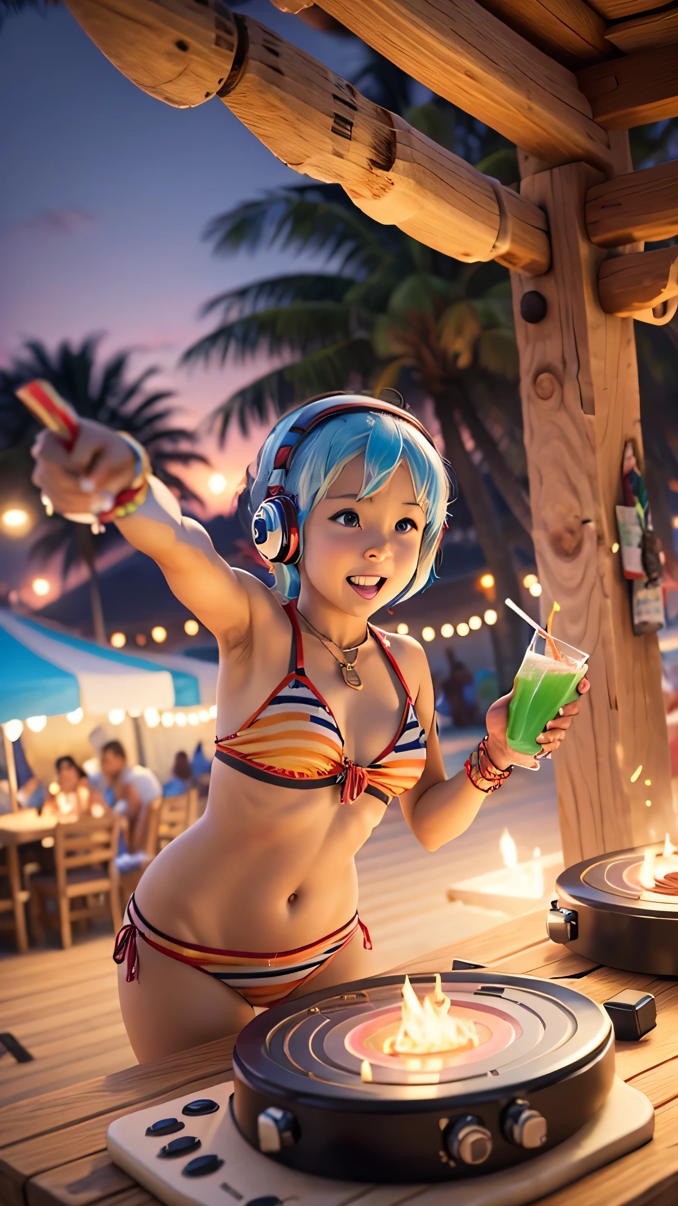 (best quality, ultra-detailed, realistic, vibrant colors) beach party at sunset: first plant: a DJ turntable with a boy Dj with blue hair DJ headset on the ears. background: crowd in jubilation. bright spot of colors, confetti, summer vibes, sandy beach, crystal clear water, palm trees, tropical drinks, pool, beach chairs, sun, cheerful atmosphere, festive decorations, glittering sunsets, bonfire at night, fireworks, exotic cocktails, tropical fruits, ice cream, barbecue, acoustic music, lively DJ, party games, laughter and cheering, memorable moments, friendship. 