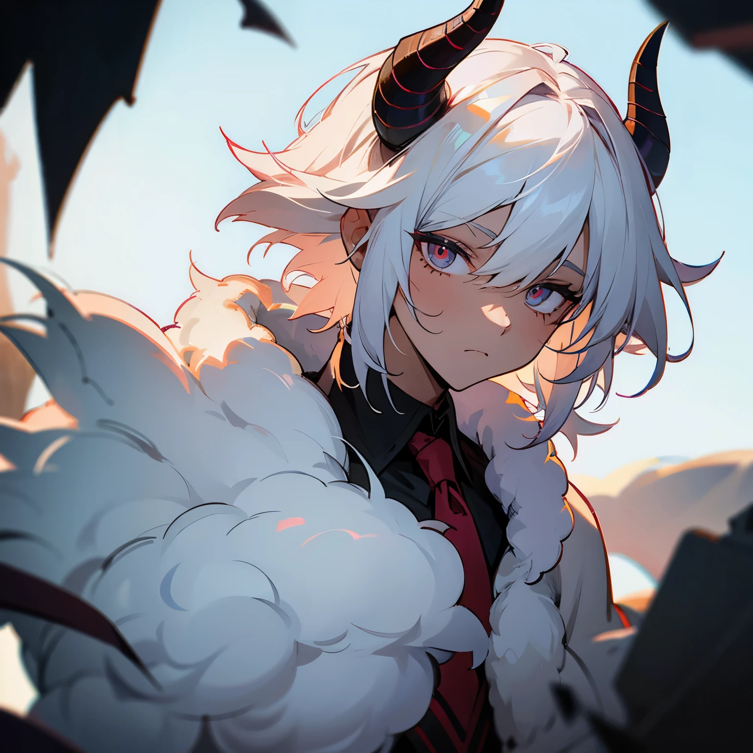 pretty demon boy with fluffy white hair, sheep horns, and tanned skin