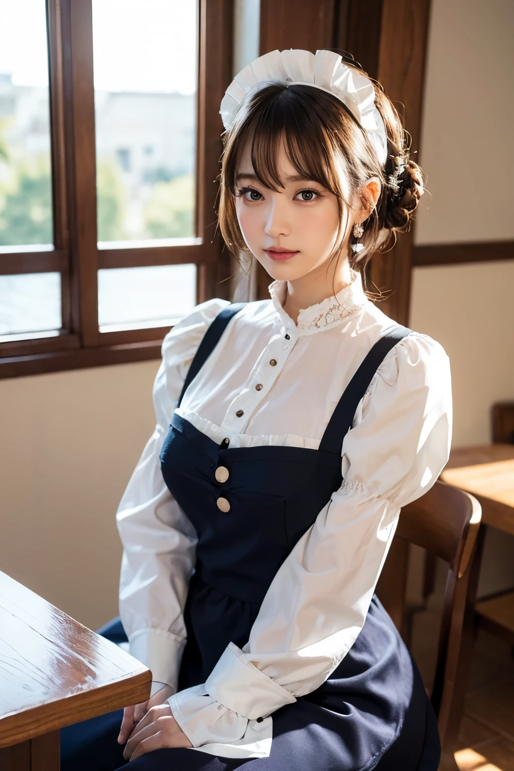 1 girl, Solo, Kaori Sakuramori (million live), maid, Best Quality, 8K, Photorealistic, Ultra-detailed, Detailed skin, Victorian maid, tea time,