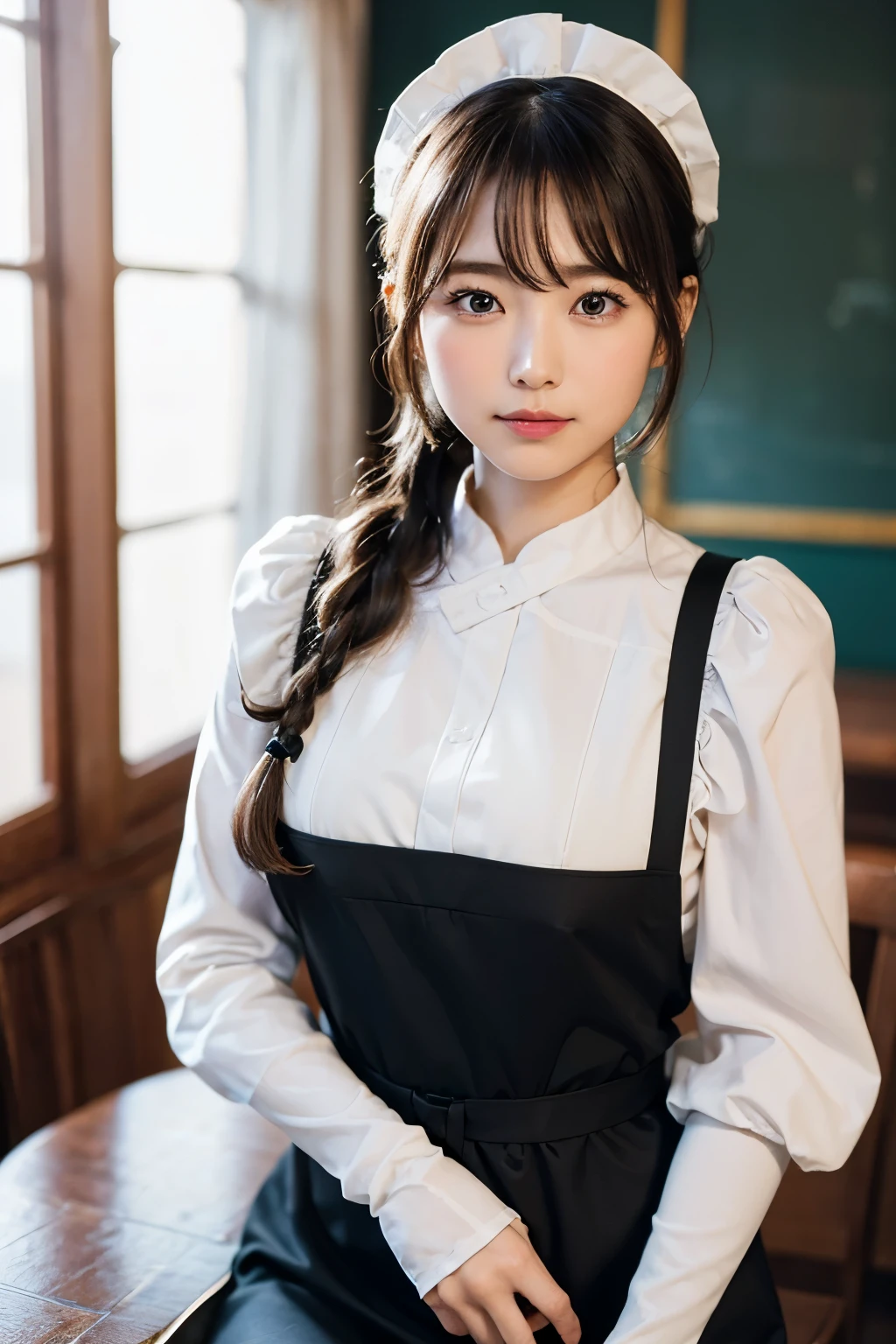 (8k, Raw photo, highest quality, masterpiece: 1.2), masterpiece, 超detailed, 超A high resolution, (realistic and realistic photos: 1.37), High-definition RAW color photo, very delicate and beautiful, 非常にdetailedな, 8k Wallpaper, amazing, detailed, 非常にdetailedな目, 非常にdetailedな肌, very fine fingers, h非常にdetailedな nose, 非常にdetailedな口, perfect ???????,1 girl, apron, Black dress, blurry, blurry background, blurry前景, blush, Braid, big breasts, Depth of the bounds written, dress, eyebrows visible through hair, frills, gloves, hair between eyes, indoor, jewelry, juliet sleeves, long sleeve, looking at the viewer, maid, maid apronl, maidの頭飾り, plump sleeves, short hair, sitting, alone, White apron, window, Huge 、Nogizaka Idol、korean idol、Gravure idol pose、actress、25 years old、expensive、Cafe、restaurant、Italy、American、Australia,korean idol、Nogizaka Idol、actress、Gravure idol pose、