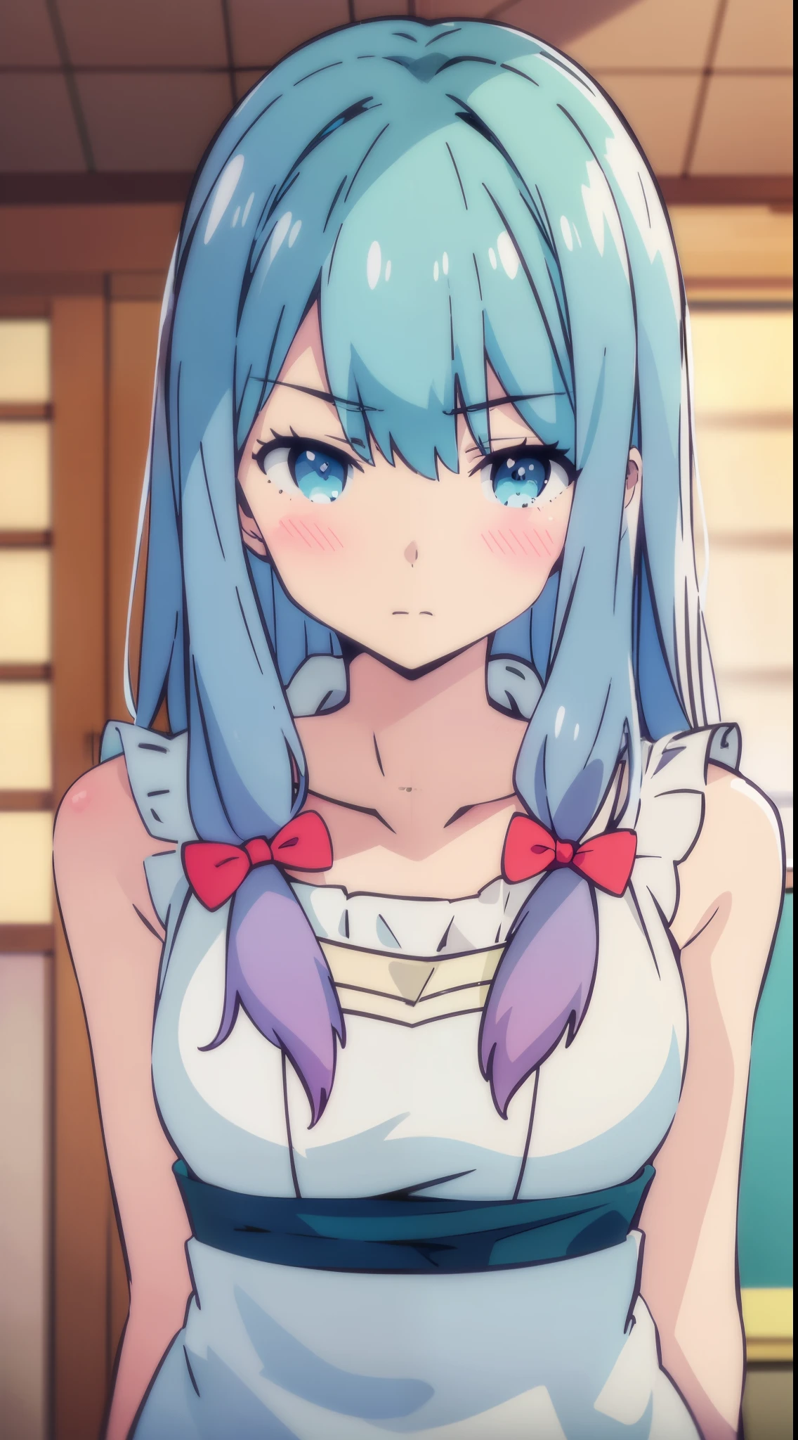 anime girl, alone, blue hair, long hair, waitress, kiss the camera, kiss, kiss the viewer