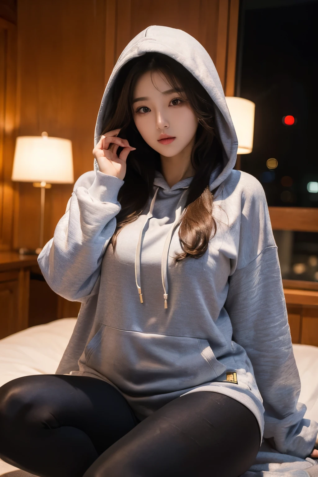 (((masterpiece))),(((high resolution)))、(((8K)))、(((perfect face)))、((beautiful woman))、(((Korean beautiful girl)))、(((very long hoodie)))、((beautiful woman))、(cute)、 (((tights)))、night、big breasts、Plump、plump stomach and thighs