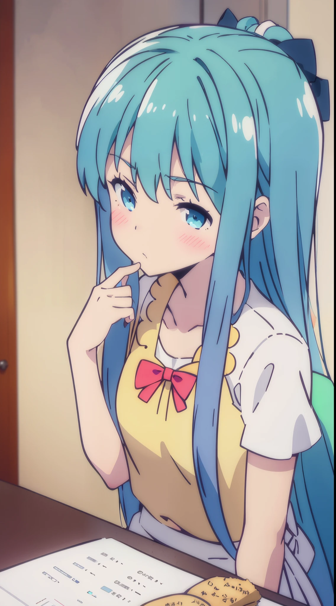 anime girl, alone, blue hair, long hair, waitress, kiss the camera, kiss, kiss the viewer