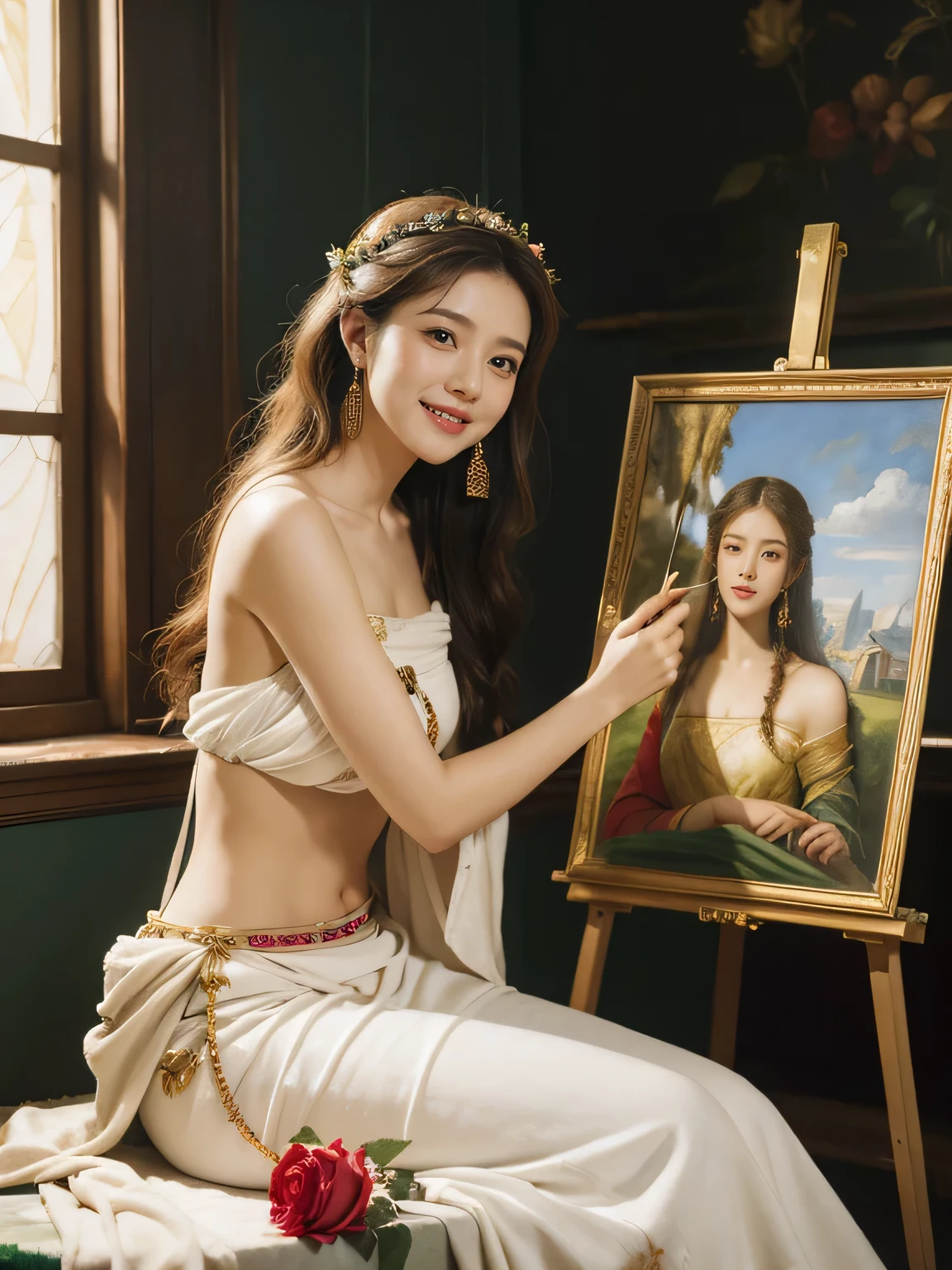 Giorgione painting style,roses in vase、fruits、Cute trinkets、smile、ancient greek costume、Clothes that stretch your shoulders、A big smile、beautiful bare skin,Female painter painting oil in her studio,Woman painting in oil with oil brush and palette,Woman painting oil on canvas