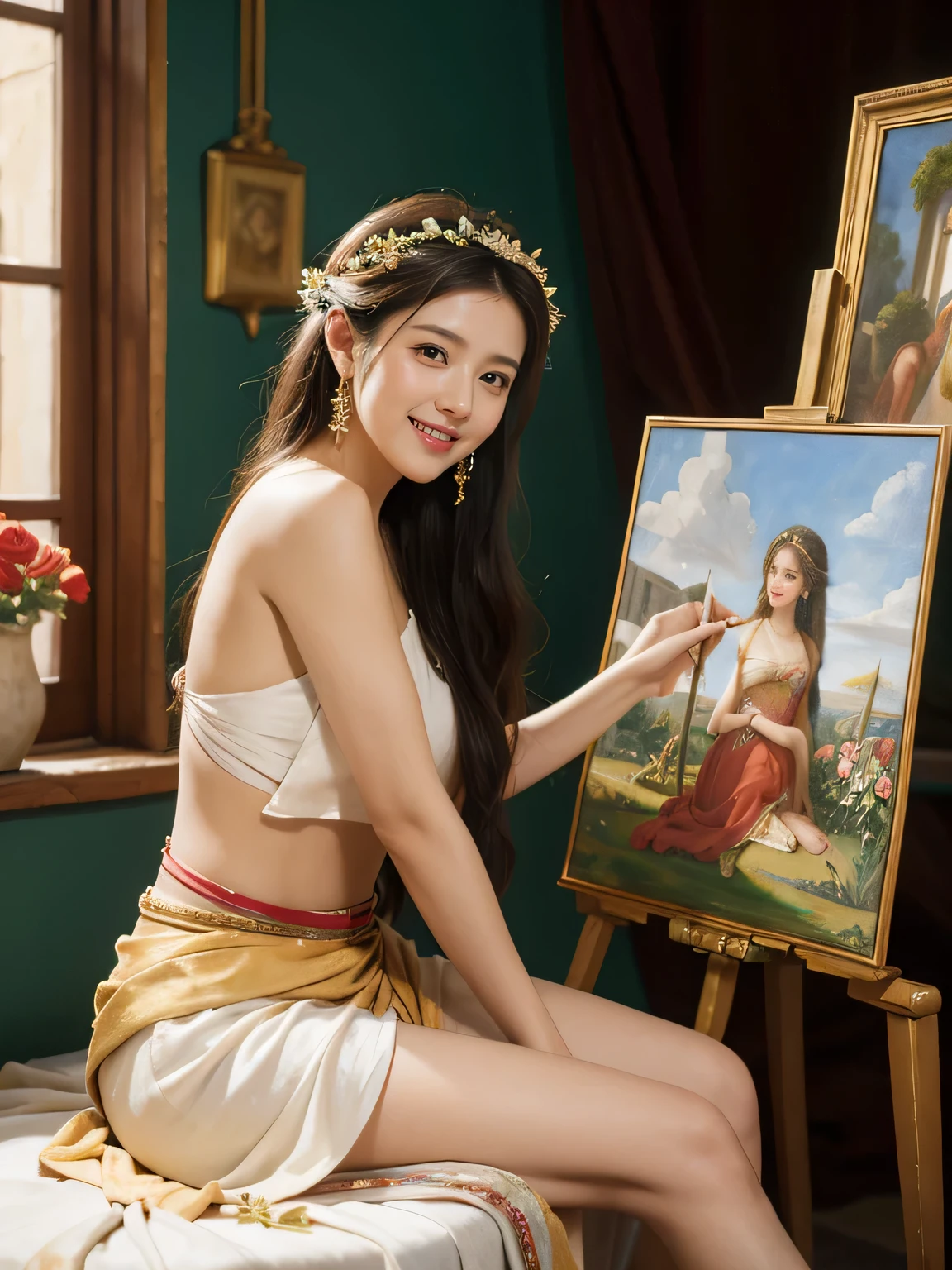 Giorgione painting style,roses in vase、fruits、Cute trinkets、smile、ancient greek costume、Clothes that stretch your shoulders、A big smile、beautiful bare skin,Female painter painting oil in her studio,Woman painting in oil with oil brush and palette,Woman painting oil on canvas
