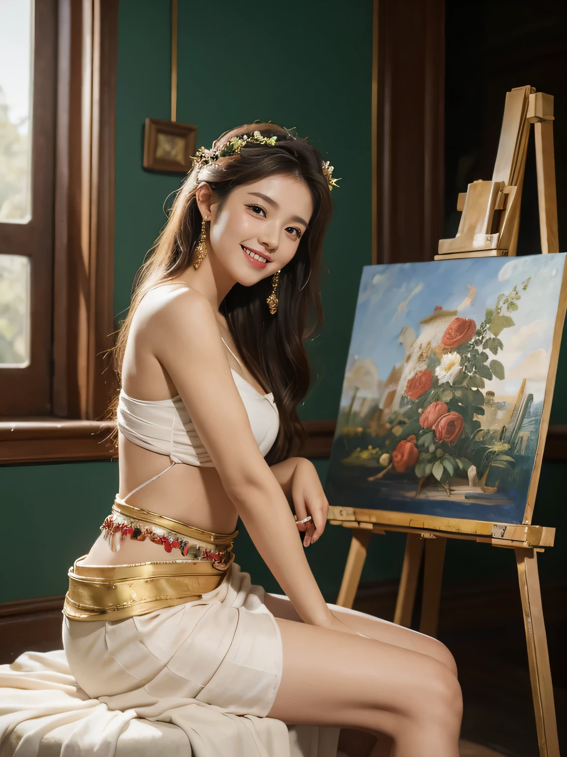Giorgione painting style,roses in vase、fruits、Cute trinkets、smile、ancient greek costume、Clothes that stretch your shoulders、A big smile、beautiful bare skin,Female painter painting oil in her studio,Woman painting in oil with oil brush and palette,Woman painting oil on canvas