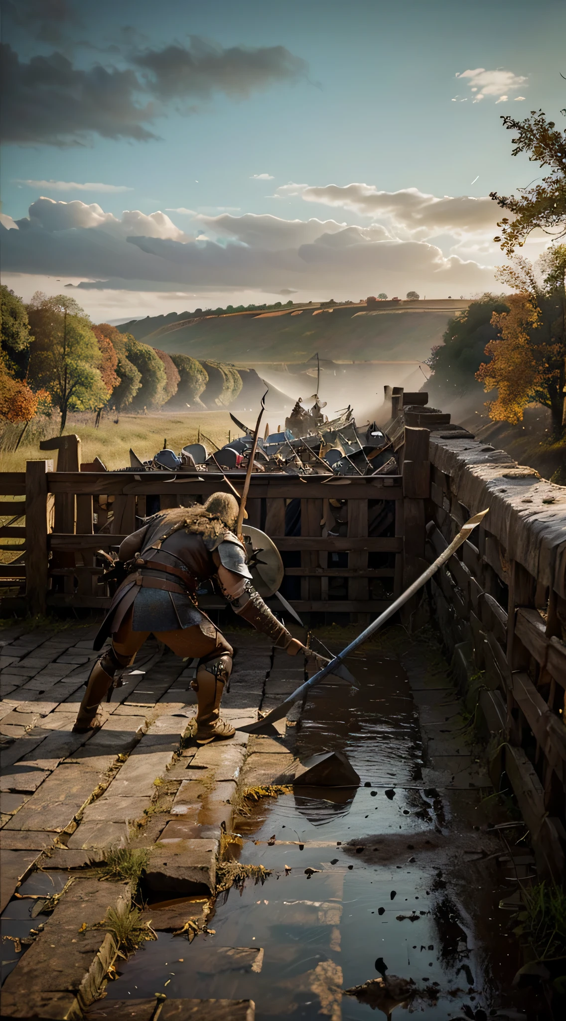 detailed painting, intense action, warriors, shield wall, Viking army, English army, longbows, axes, swords, armor, blood, chaos, bravery, determination, muddy battlefield, river, wooden bridge, autumn colors, dramatic lighting