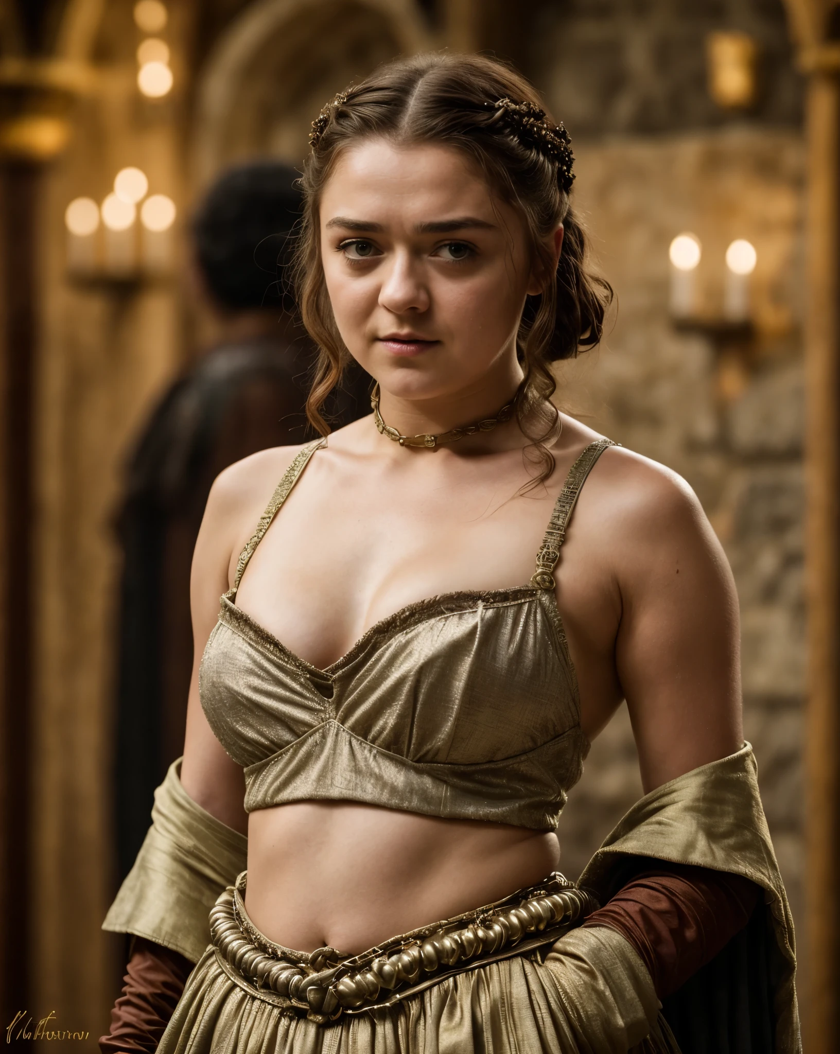 Foto RAW, Arya Stark, Extremely gorgeous lady, Arya Stark PLAYED BY MAISIE WILLIAMS, Queen Arya Stark, she a mature woman now, milf, sexy mediaeval battle dress, gladiator woman, body, 40 years old Woman, Roman slave dress, cotton dress, busty mediaeval costumes, body revealing costumes, perky breast, big natural breast, erotic costumes, lusty physique, seductive figure can capture every people's attention, Game of thrones costumes, revealing captivating figure, Mediaeval costumes, revealing clothes, A tomboy, she would rather fence than dance, warrior queen , game of thrones screen caps, Game of Thrones Series, (pele altamente detalhada: 1.2), 8k UHD, DSLR, soft-lighting, alta qualidade, grain of film, Fujifilm XT3, flawless picture, highly detailed, detailed Beauty, intricate, 32k, sharp picture,
