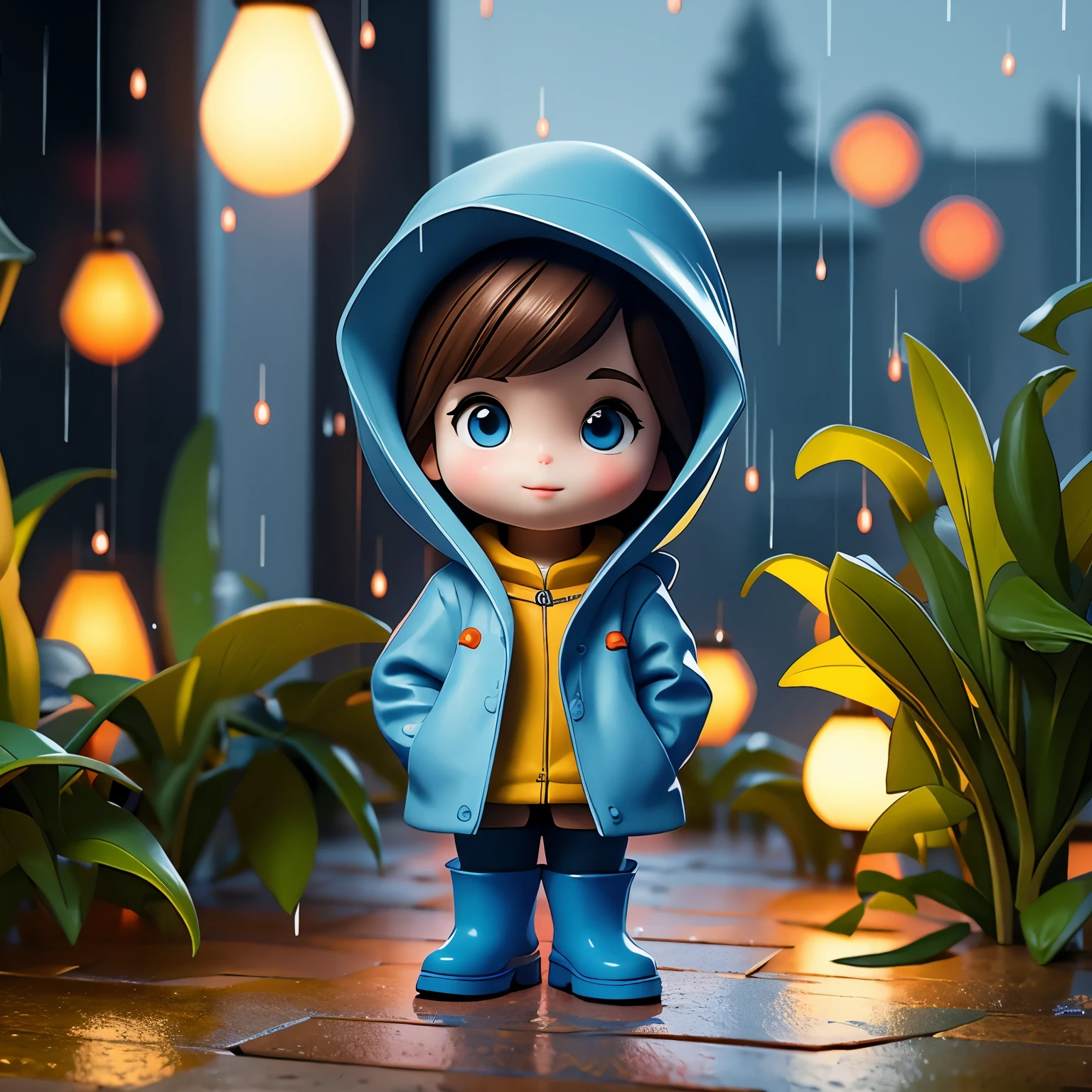 (masterpiece, best quality:1.2),Miniature cartoon character on windowsill, alone，3D dolls，hands in pockets，Wearing hat and raincoat,blue rain boots,  mini，Brilliant lighting，outdoor background，rich colors，