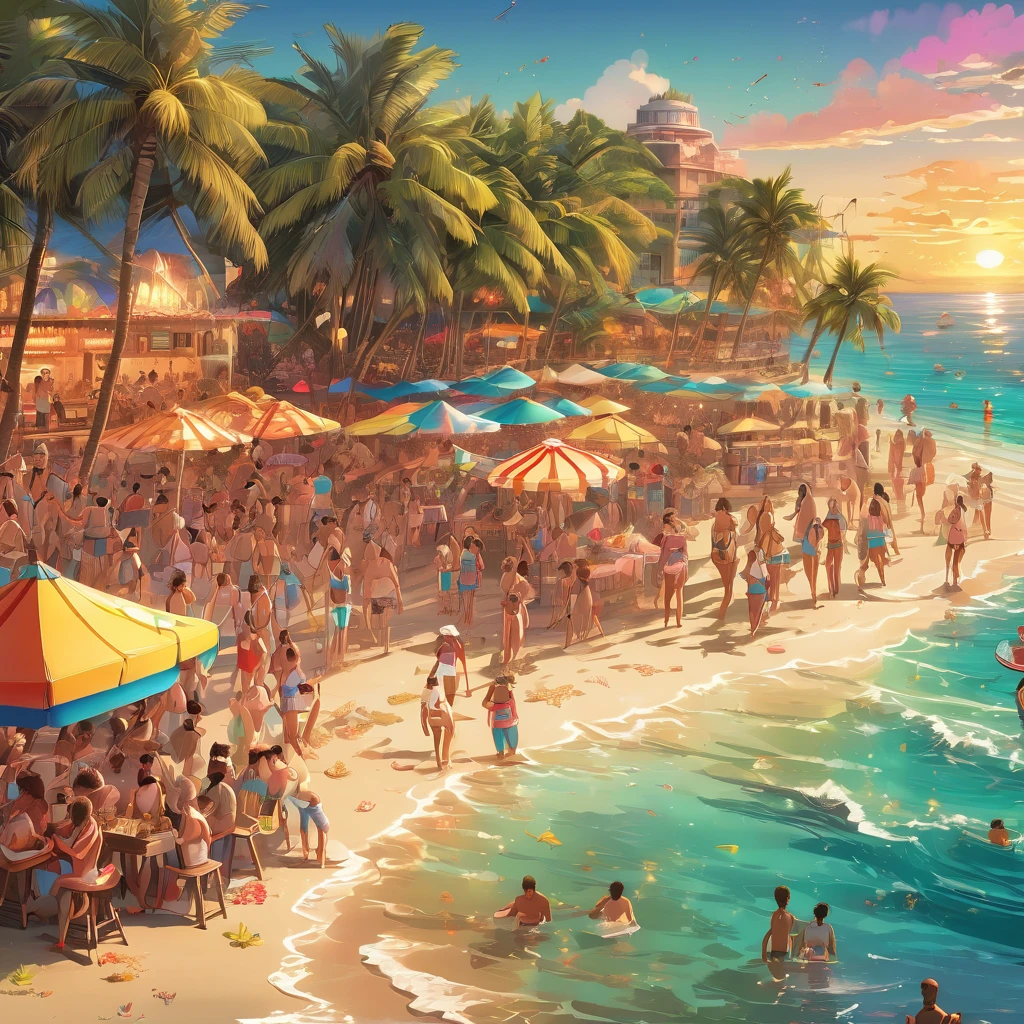 a crowded beach with people dancing and enjoying the parties, aesthetic, extremely detailed, colorful umbrellas and beach chairs, refreshing drinks and cocktails, upbeat music playing in the background, beach volleyball game in progress, children building sandcastles, beautiful sunset view on the horizon, palm trees swaying in the breeze, clear blue waters with waves crashing on the shore, people wearing swimsuits and sunglasses, vibrant and energetic atmosphere, happy and smiling faces, sandy beach with seashells scattered around, sunscreen lotion and towels, beach bonfire with people roasting marshmallows and singing, fireworks lighting up the sky, beachside bar serving tropical drinks, laughter and joyful conversations, cool ocean breeze, vibrant and dynamic colors, golden sunlight reflecting on the water, beachside food stalls offering delicious snacks and seafood, beach parties decorations with banners and balloons. (best quality,4k,8k,highres,masterpiece:1.2),ultra-detailed,(realistic,photorealistic,photo-realistic:1.37), HDR, UHD, studio lighting, extreme detail description, professional, vivid colors, bokeh, beach , portraits, landscape