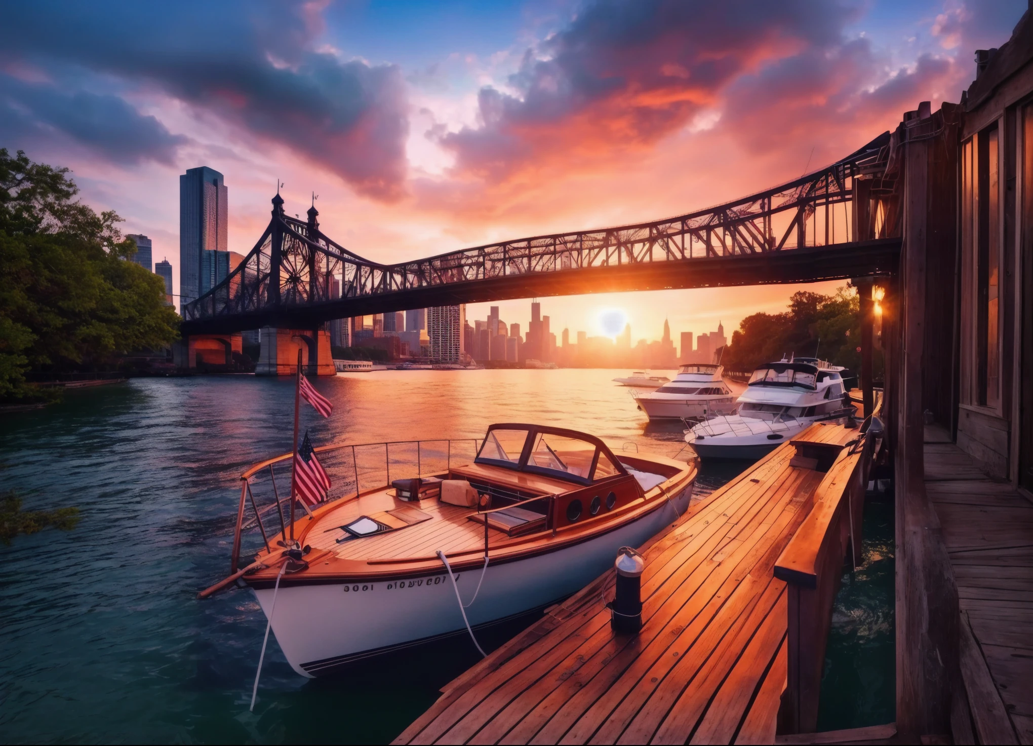 boats docked at a dock with a bridge in the background, golden hour in manhattan, new york city, by John La Gatta, new york harbour, beautiful image, by Nicholas Marsicano, by derek zabrocki, wow it is beautiful, by Jason Benjamin, summer setting, by Zack Stella, golden hour time, sunset time, 8k hdr sunset lit