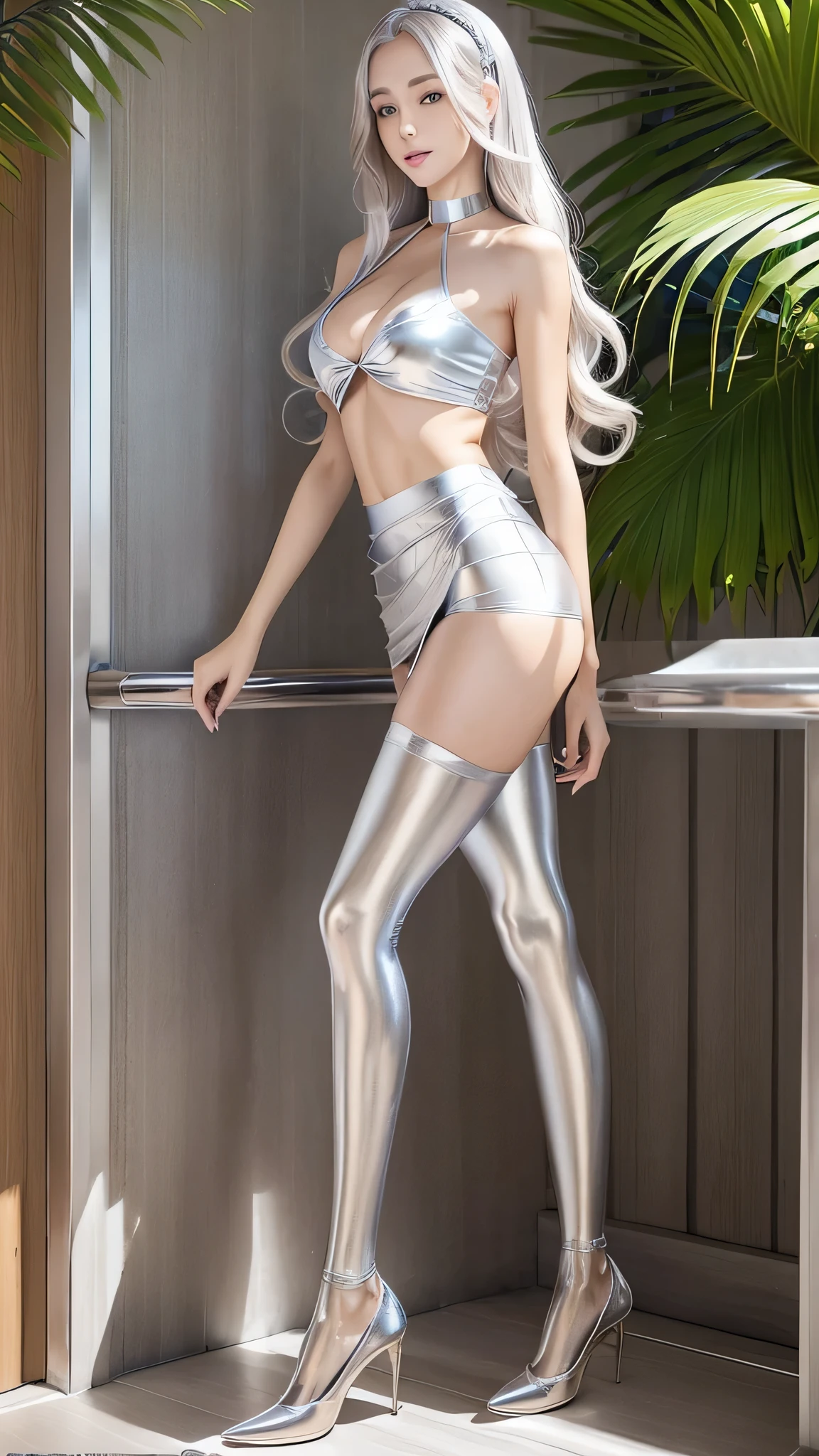 レディル1people,（full body figure:1.2）, （nine heads and bodies:2.0）, (thin thighs), （thin and long legs: 2.0）, (pumps:1.2), Transparent white glossy skin, 25 years old, cute sexy little handsome face, thin face, pink lips, parted lips, ( Hair parted to one side:1.5), tall light, light blue eyes, sexy face, sexy cute young woman, Long natural blonde shiny hair,eyebrows are the same color as hair, choker, head band,( silky silver sexy tops:1.3),  (silky silver tight skirt :1.3), Blonde shiny light hair, natural wavy hair, (intricate details: 1.2), almond eye, (detailed face), Beautiful smile, My cheeks turned red, Medium chest, slender body shape, tight waist, small ass, （people）visible part of the thigh between the skirt of, beautiful hands, thin shoulders, look at the audience, Wind-blowing skirt, standing facing forward, Composition that shows from above the knees to the head, The sea shining in the morning sun, tropical island々, Palm tree