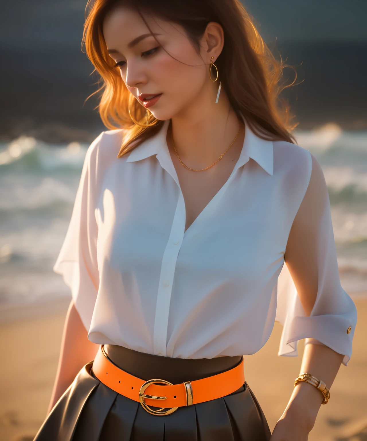 woman looking at the sea、Woman standing on the beach with the setting sun behind her at dusk、Depth of the bounds written、Soft orange light illuminating a woman、((thick waist))、skin texture、the person is clear、nostalgic atmosphere、one woman standing、light makeup、clear picture、attractive woman、flowing silhouette、woman wearing a blouse and tight skirt、Symmetrical blouse, tight skirt, and thin belt、Elegant materials and design、one small earring in each ear、sophisticated style、wind swaying hair