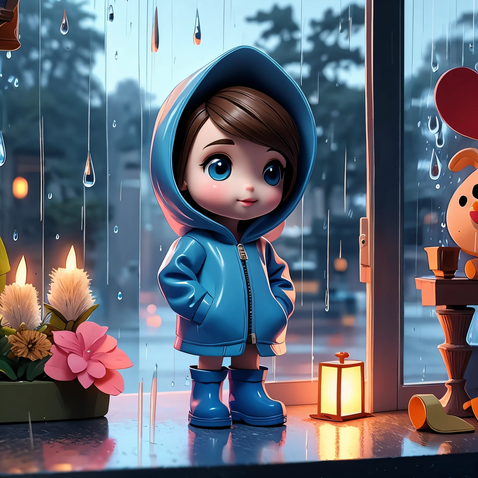 (masterpiece, best quality:1.2),window，Miniature cartoon character on windowsill, alone，3D dolls，hands in pockets，Wearing hat and raincoat,blue rain boots,  mini，Brilliant lighting，outdoor background，rich colors，